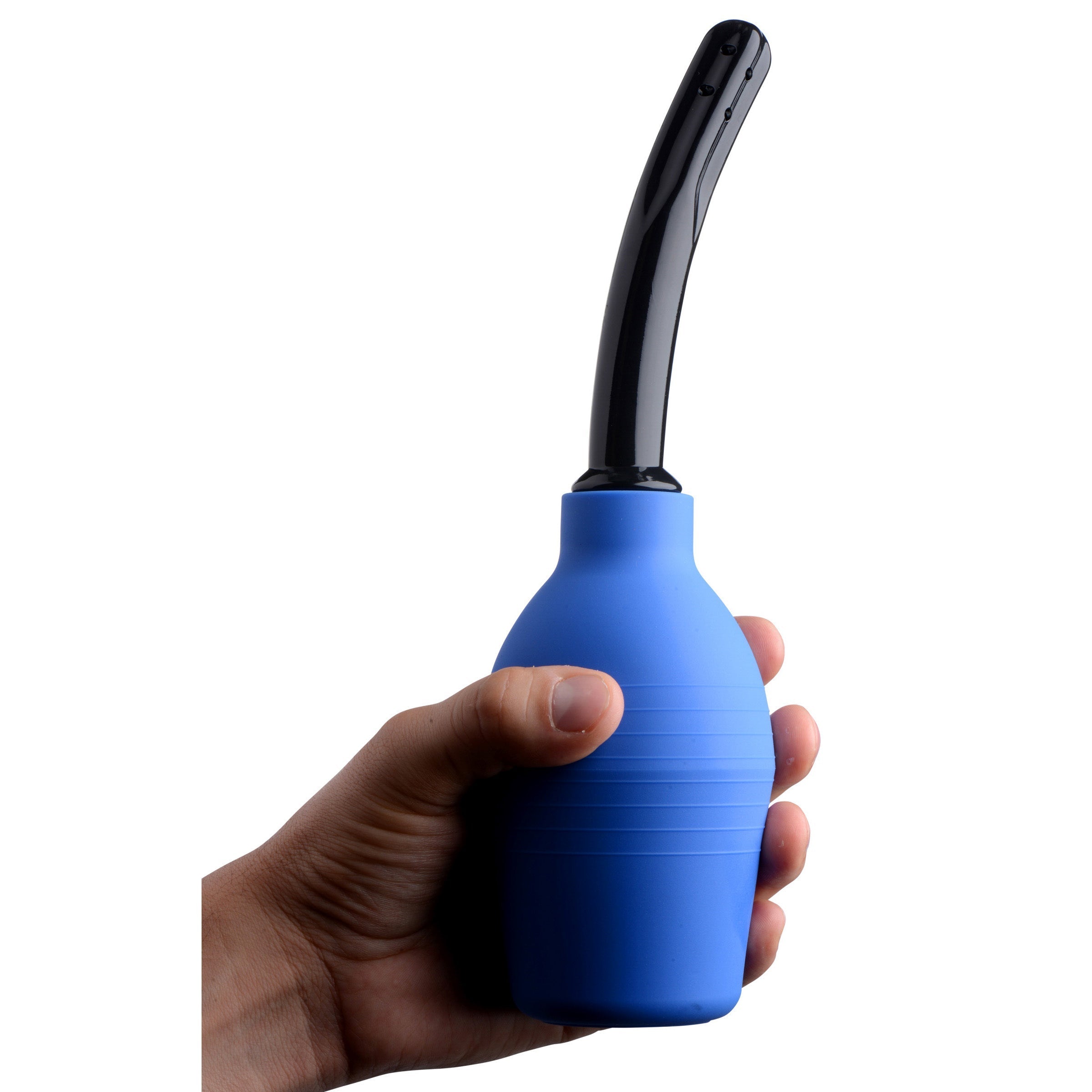 Person holding the Premium One-way Valve Enema Douche with blue reservoir