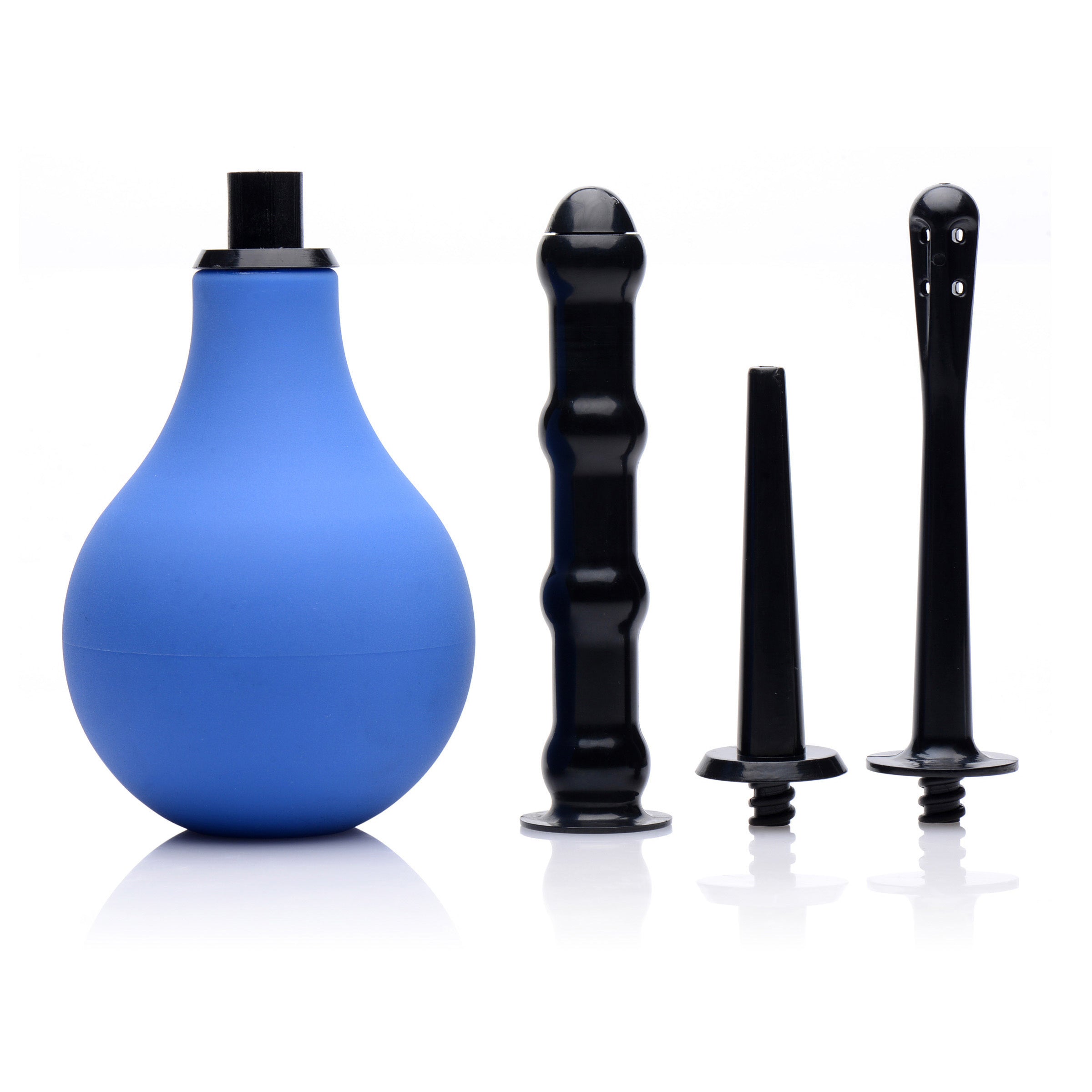 Complete set of blue and black anal douche with attachments for personal hygiene