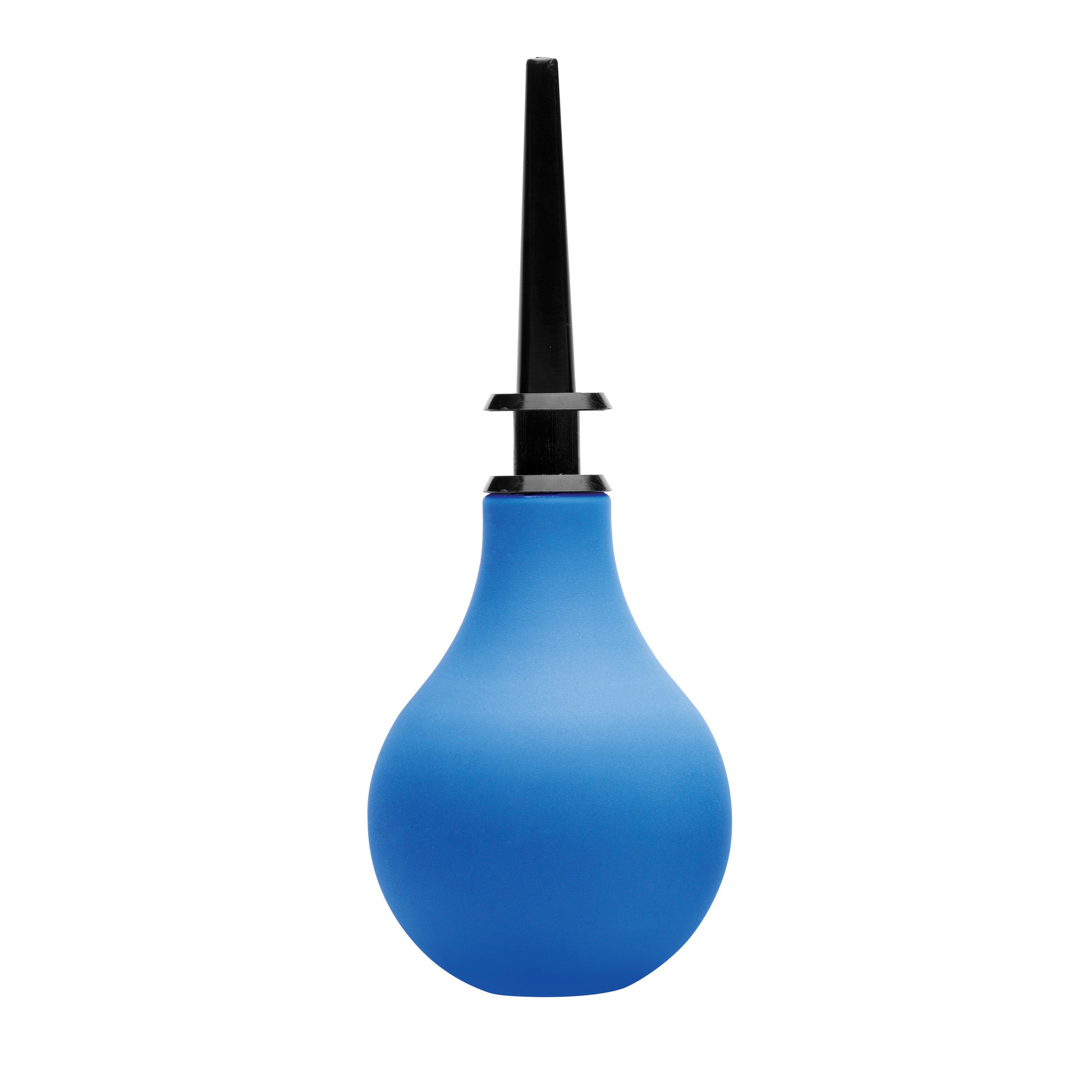 Blue enema bulb with a black nozzle designed for rectal cleansing