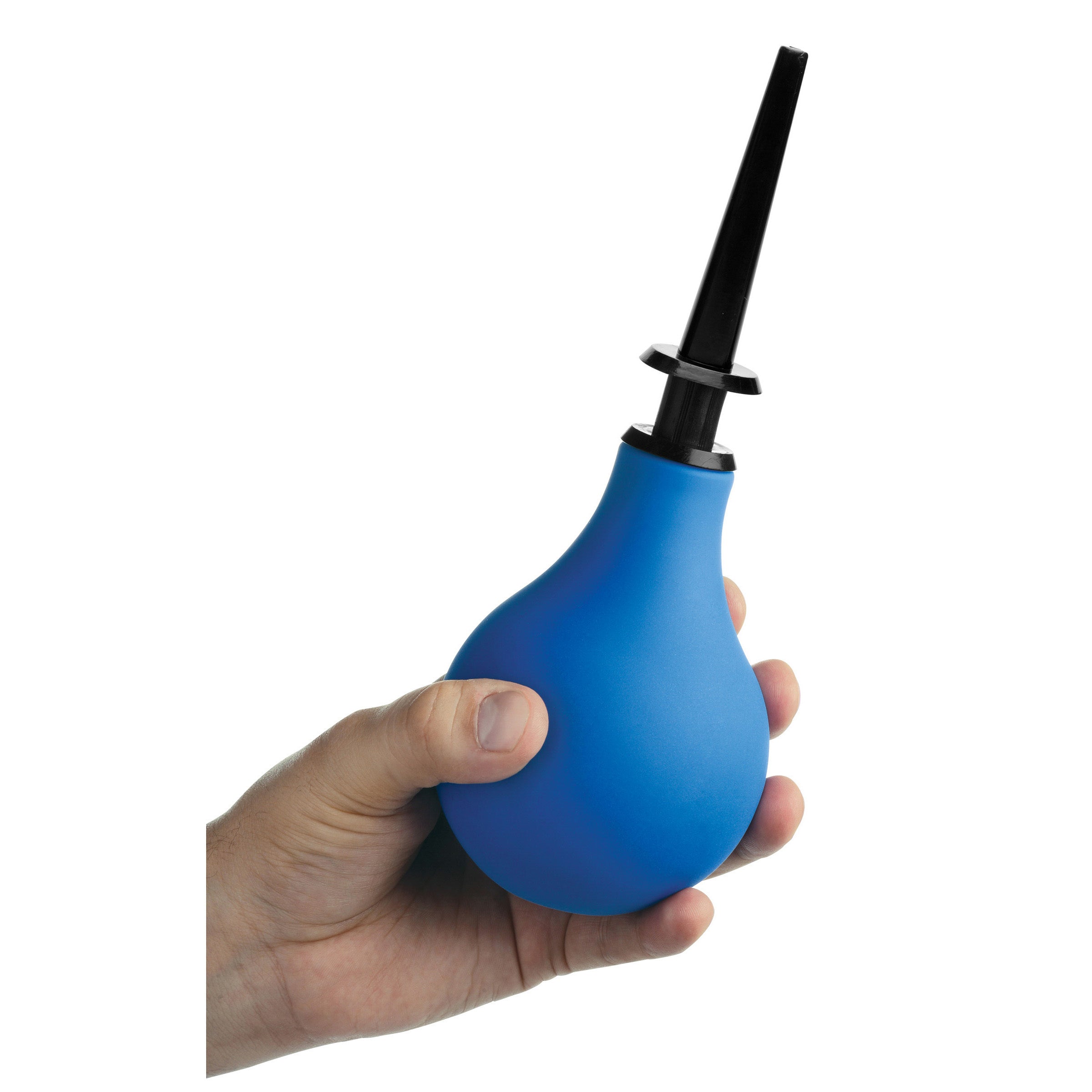 Hand holding a blue anal cleansing bulb with a black nozzle