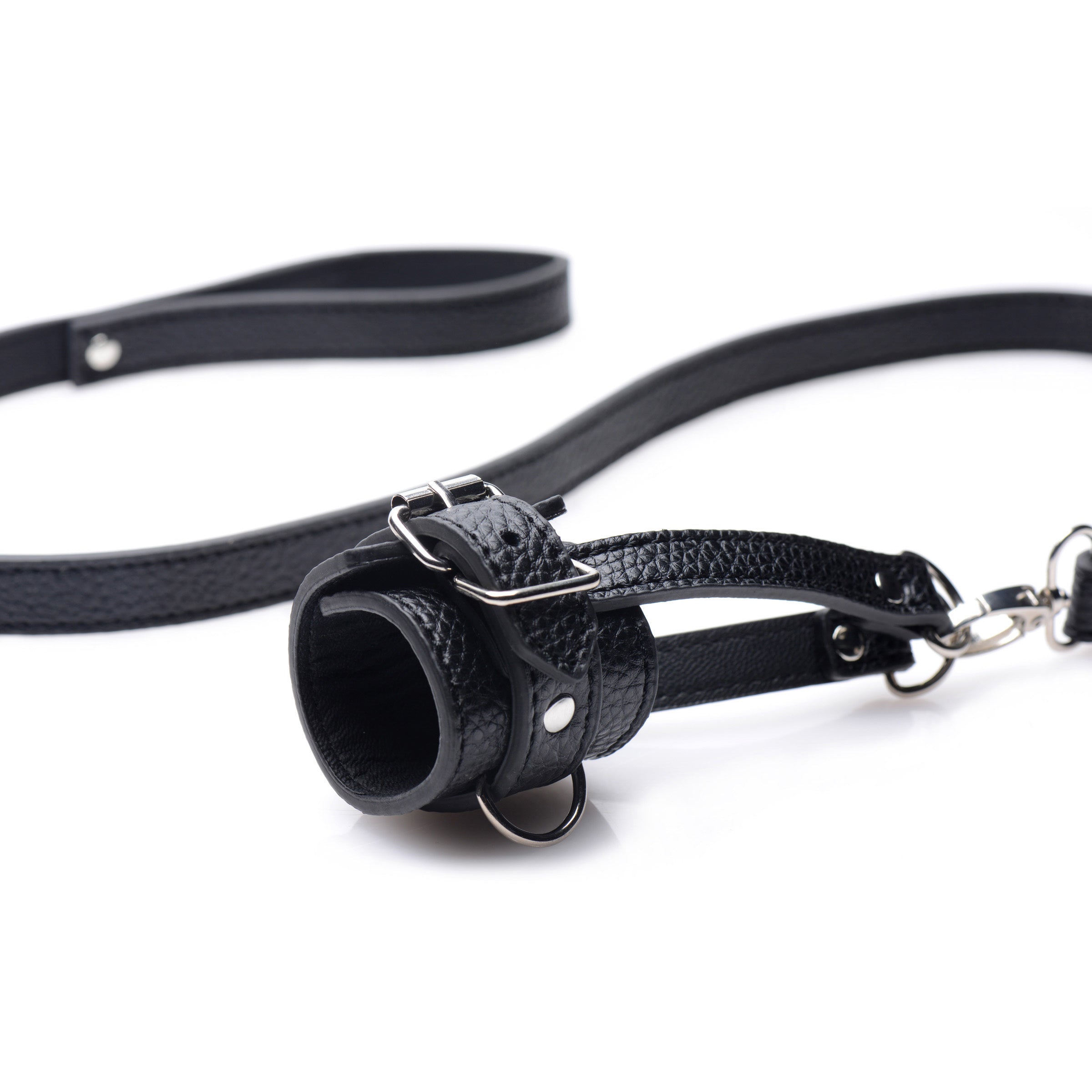 Metal buckle detail on a black leather ball stretcher leash