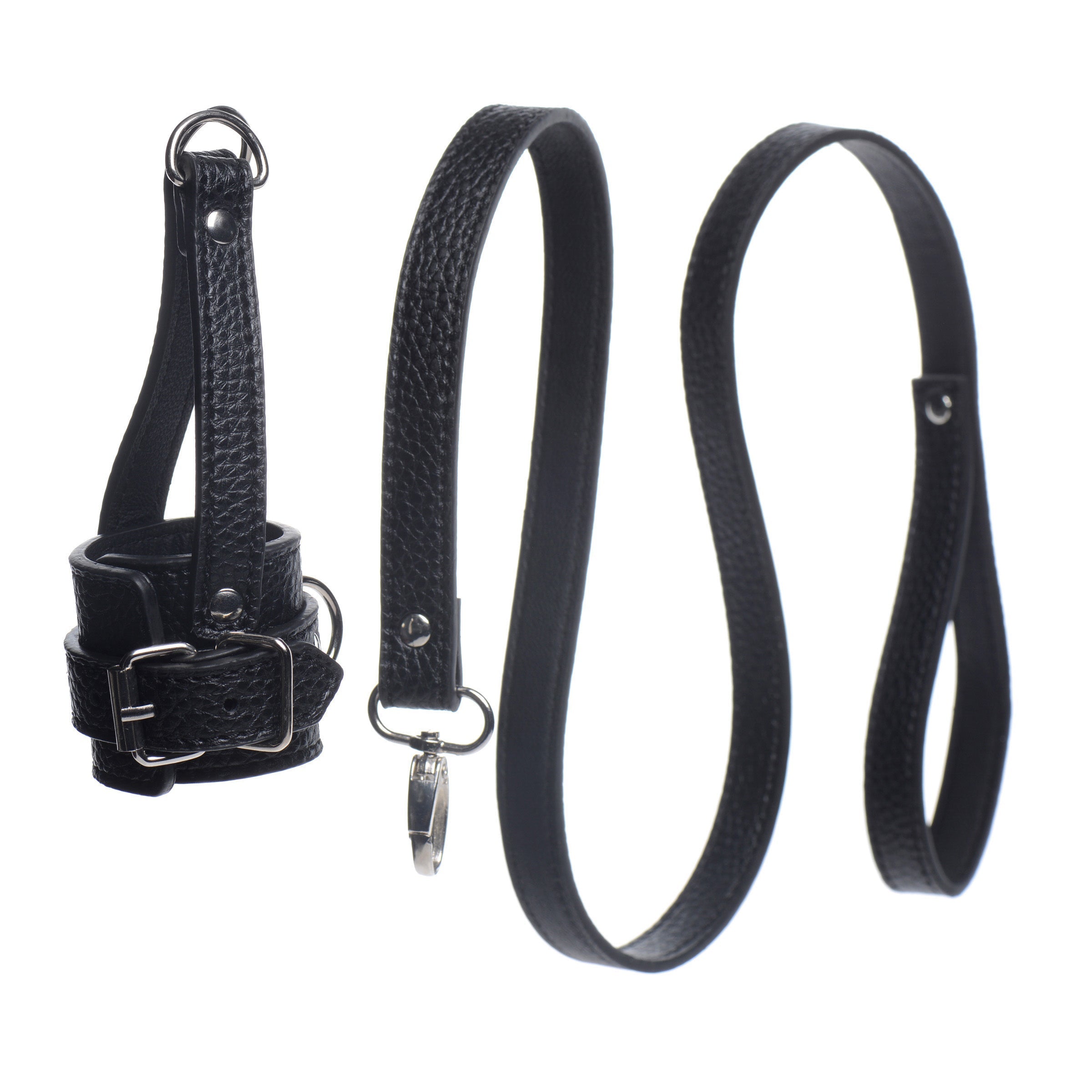 Black leather ball stretcher with a sturdy metal buckle and leash