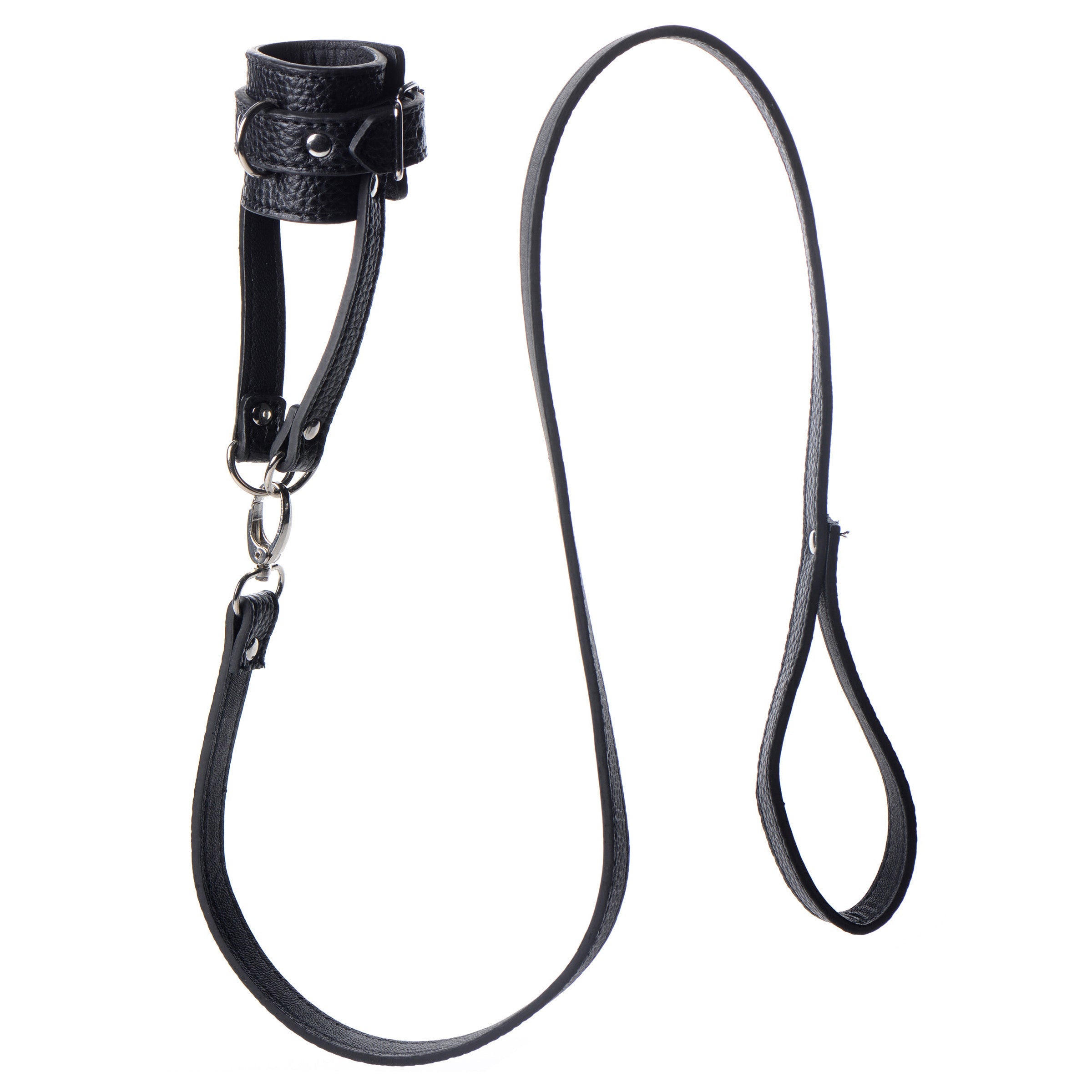 Detail of the metal clip on a black leather ball stretcher leash