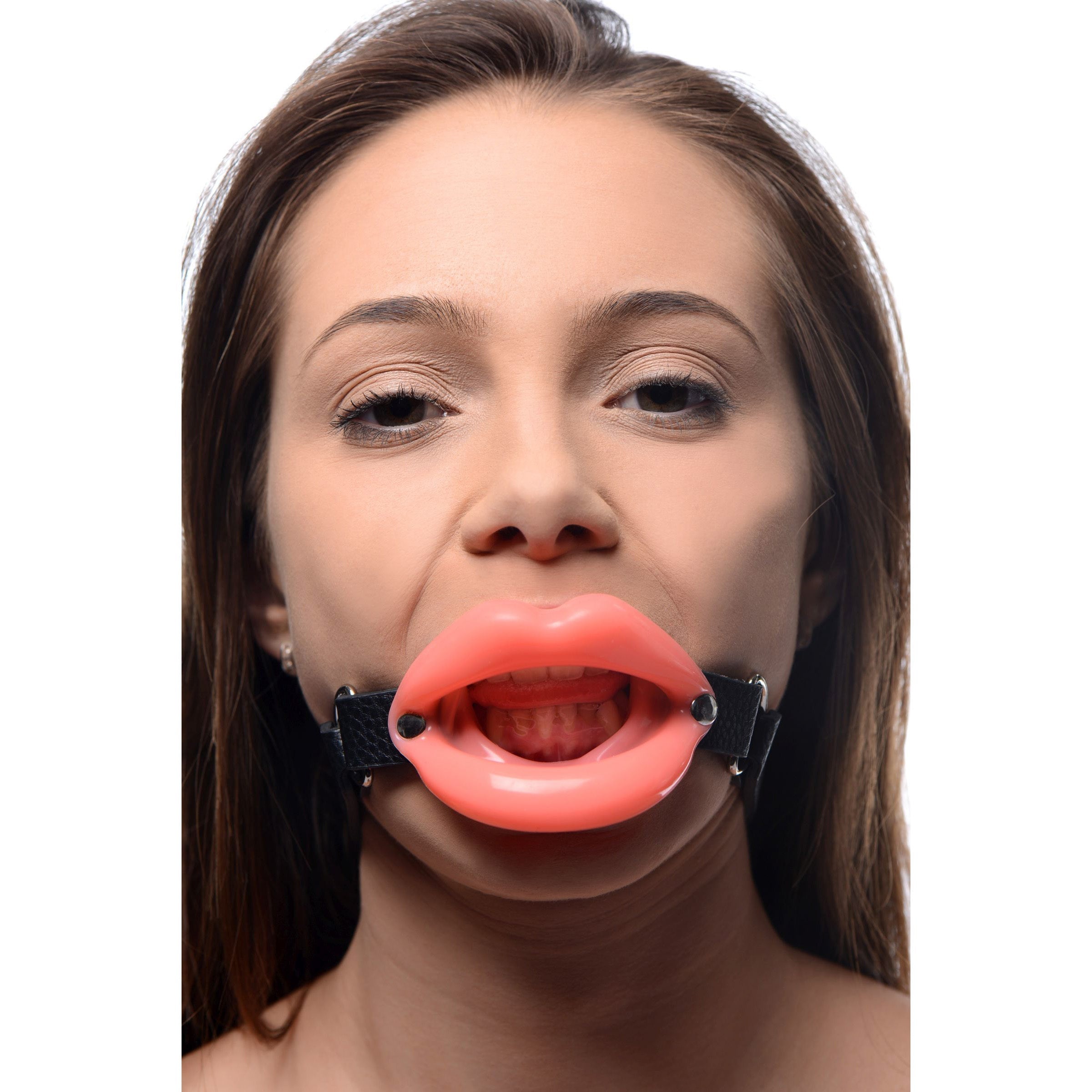 Woman's face partially obscured by a sissy mouth gag