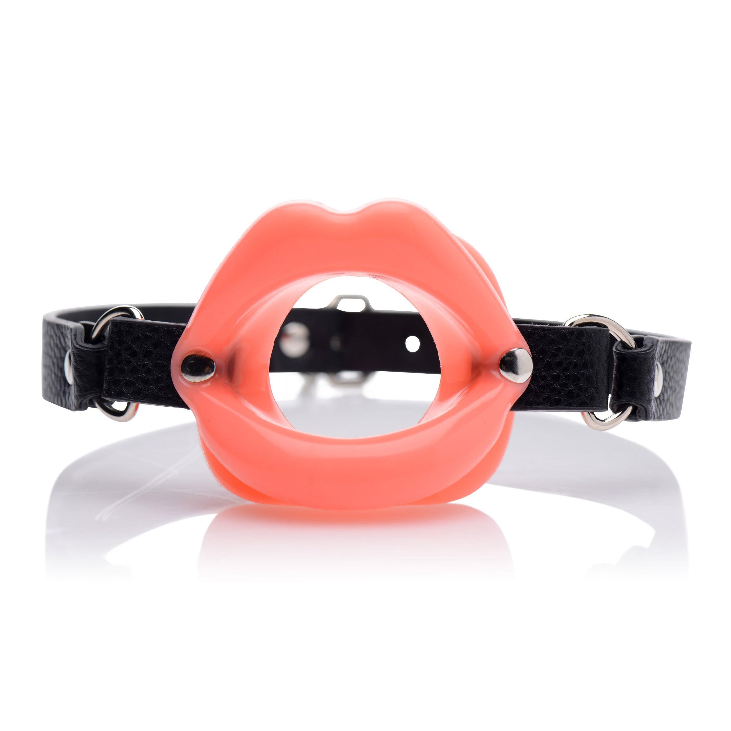 Sissy mouth gag with orange ball and black leather straps