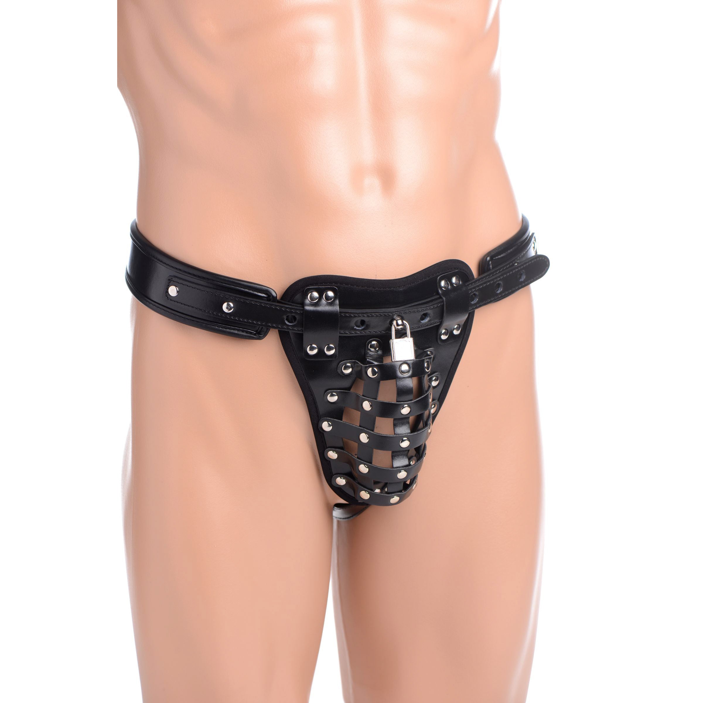 The Netted Male Chastity Jock worn by a male mannequin