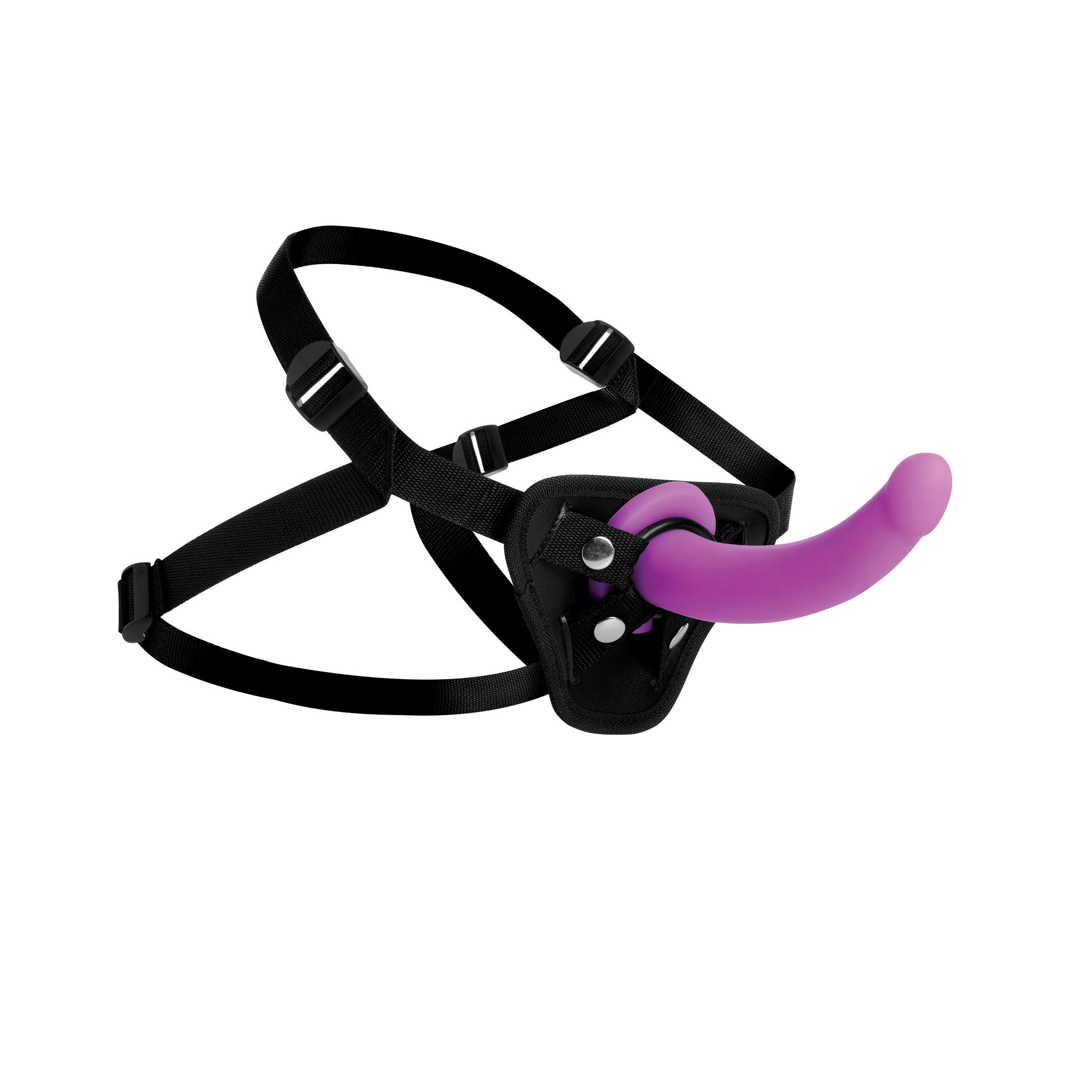 Purple silicone G-spot dildo attached to a black harness with purple detailing