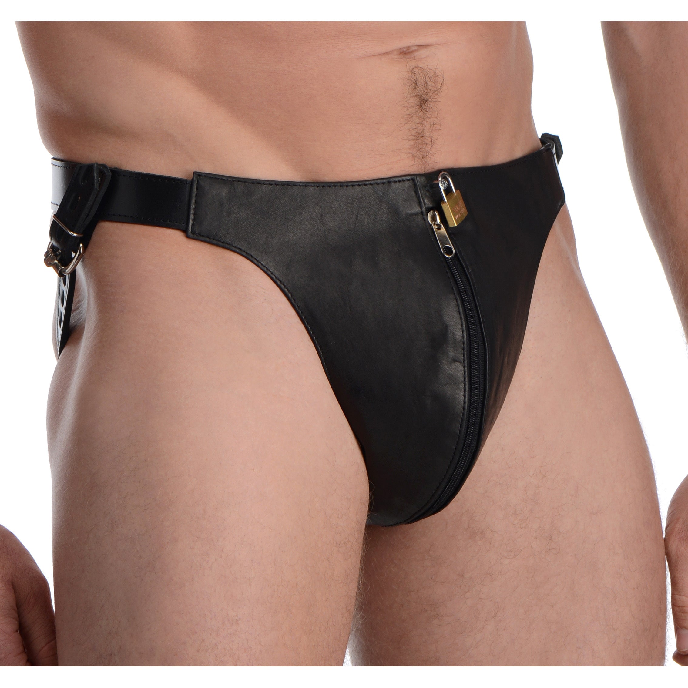 Person modeling a spiked leather jockstrap, highlighting the rear design