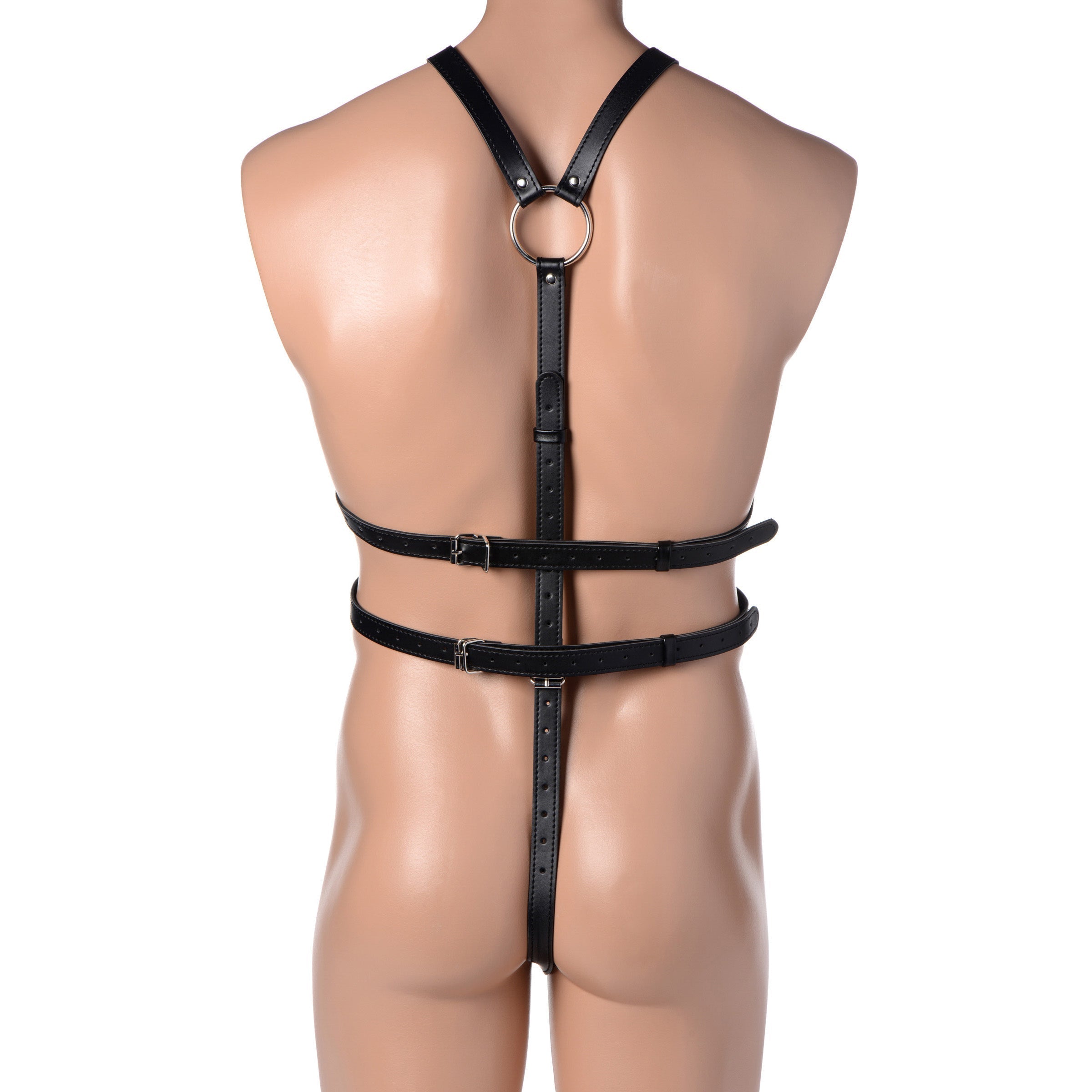 Full-length mannequin presenting a black leather full body harness