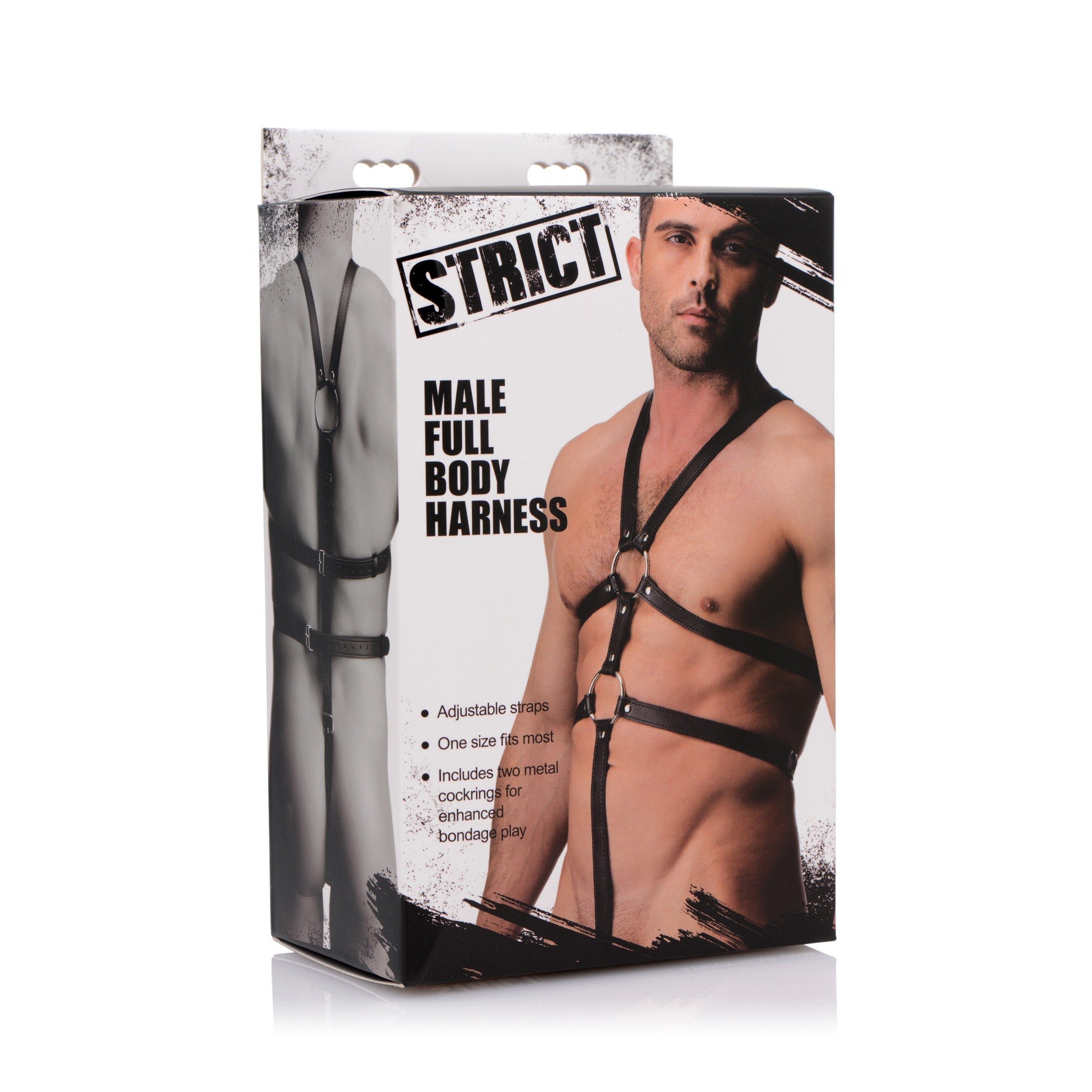 Packaging of the male full body harness, indicating its adjustable features