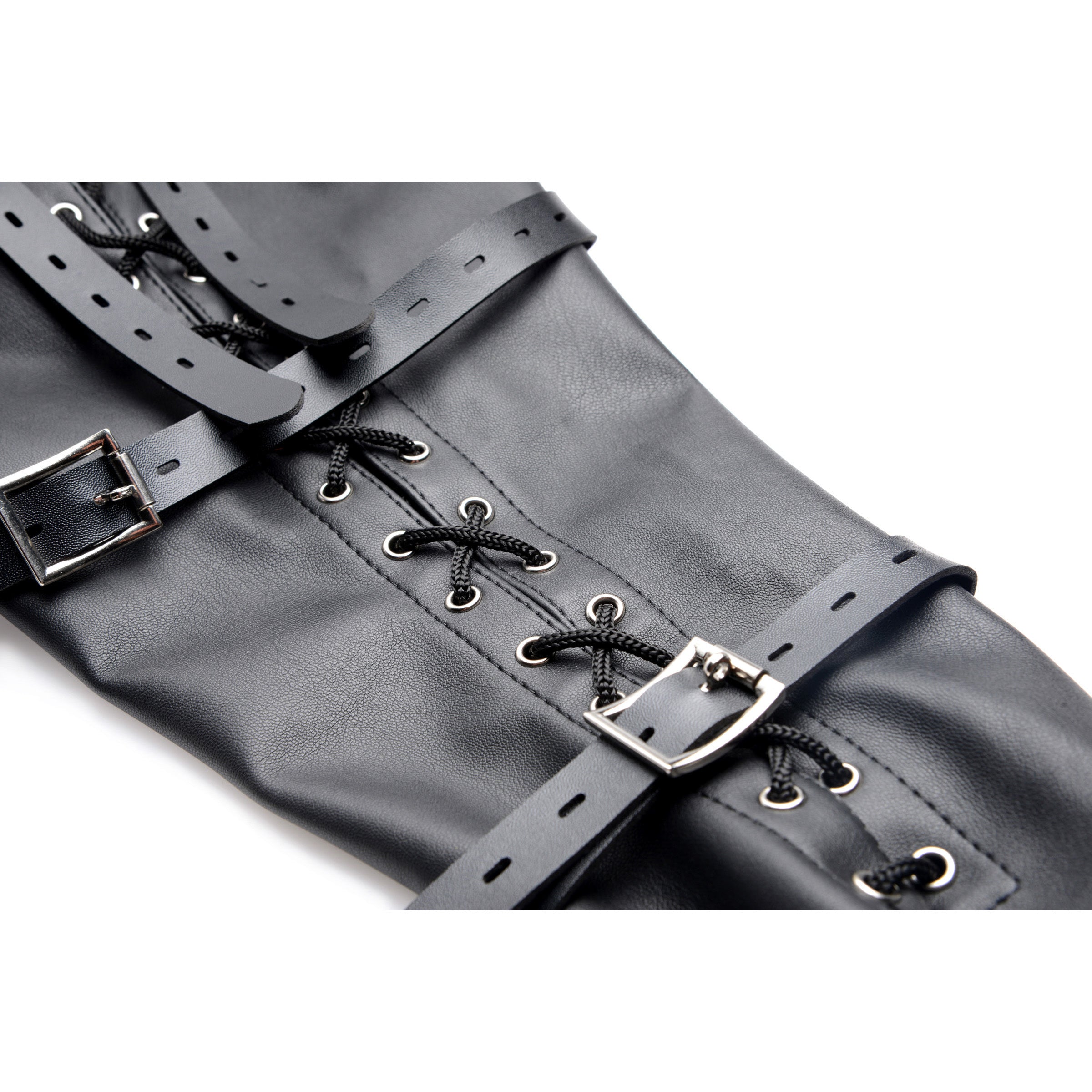 Detail of the buckles on a full sleeve leather armbinder