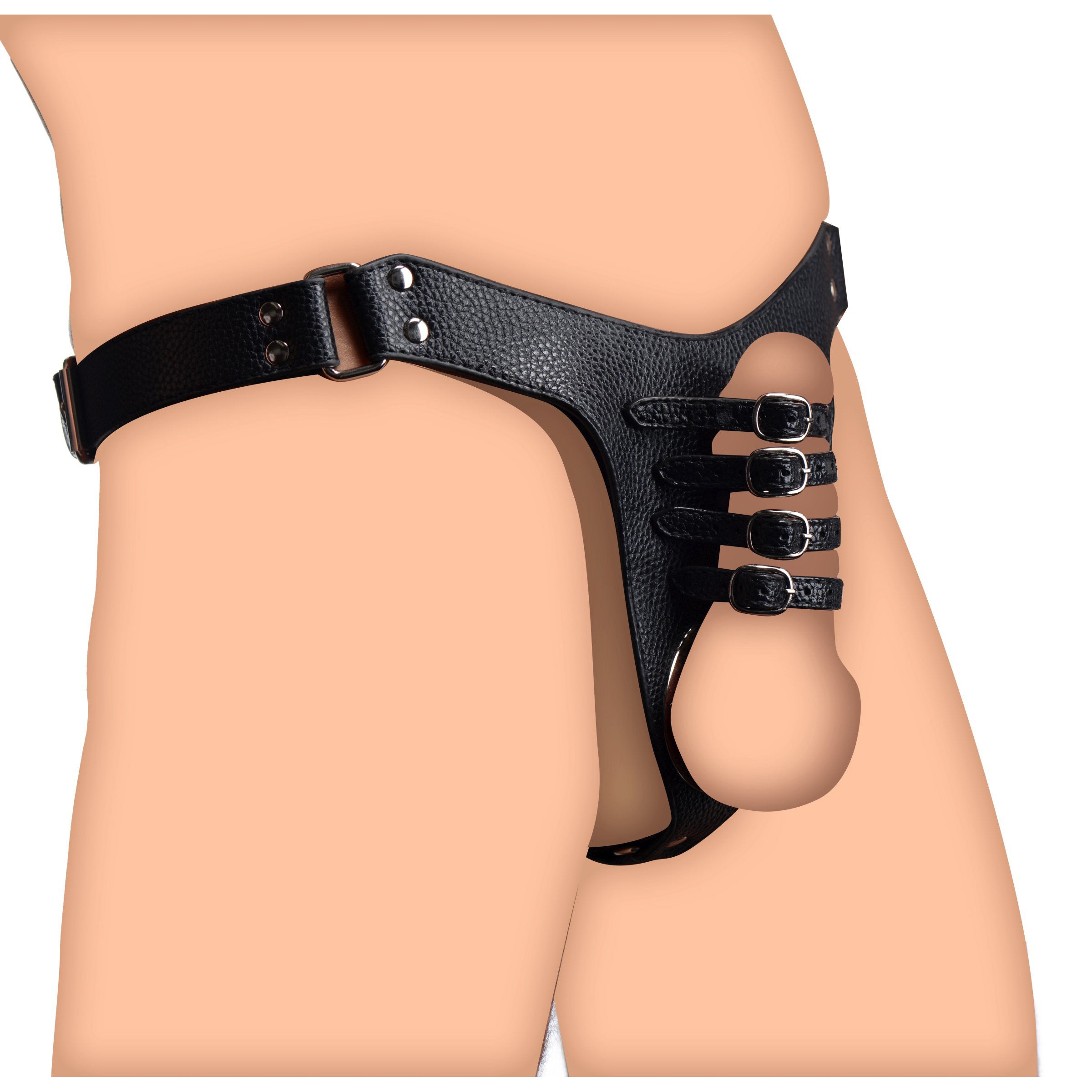 Front view of a male chastity harness on a model