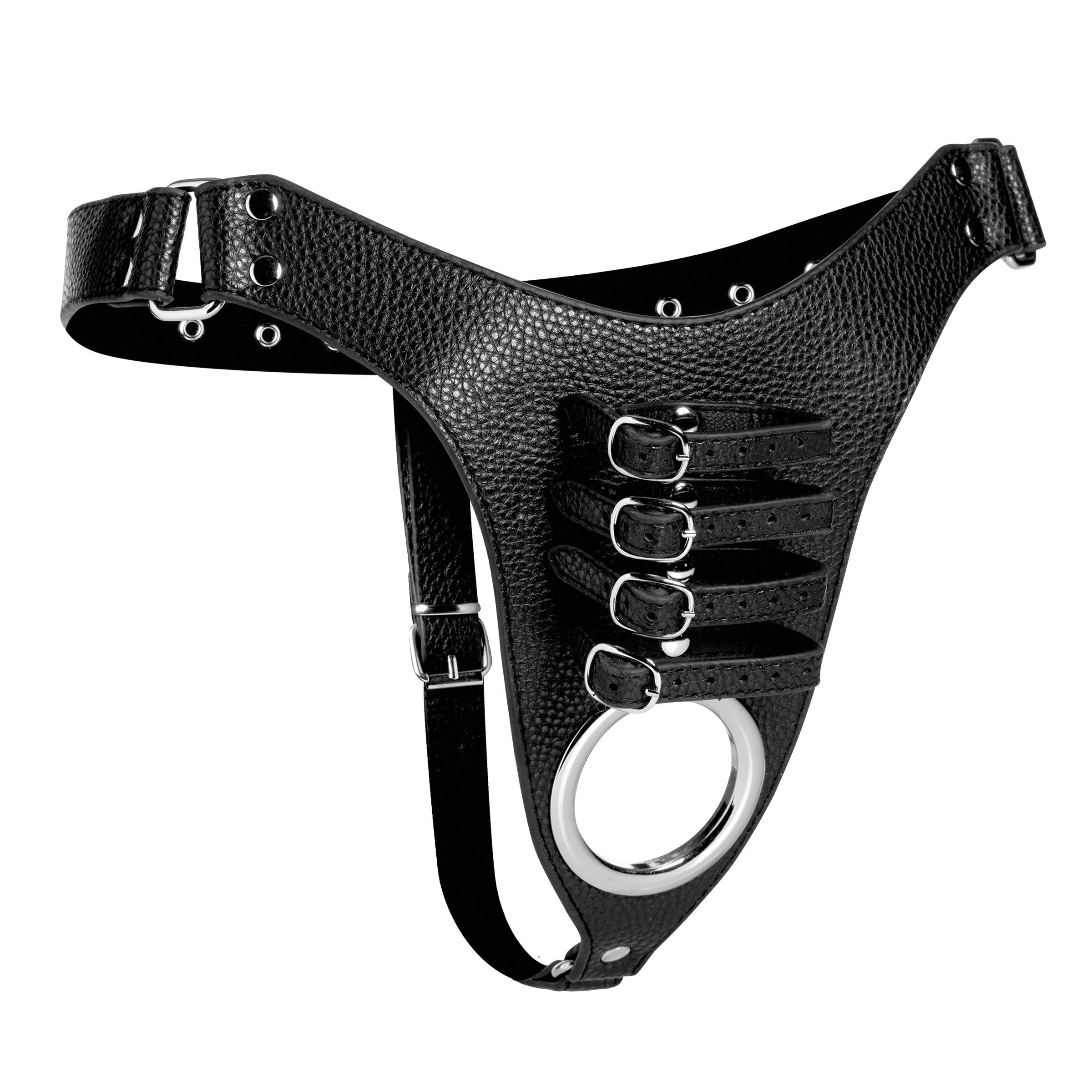 Detail of black male chastity harness featuring metal rings