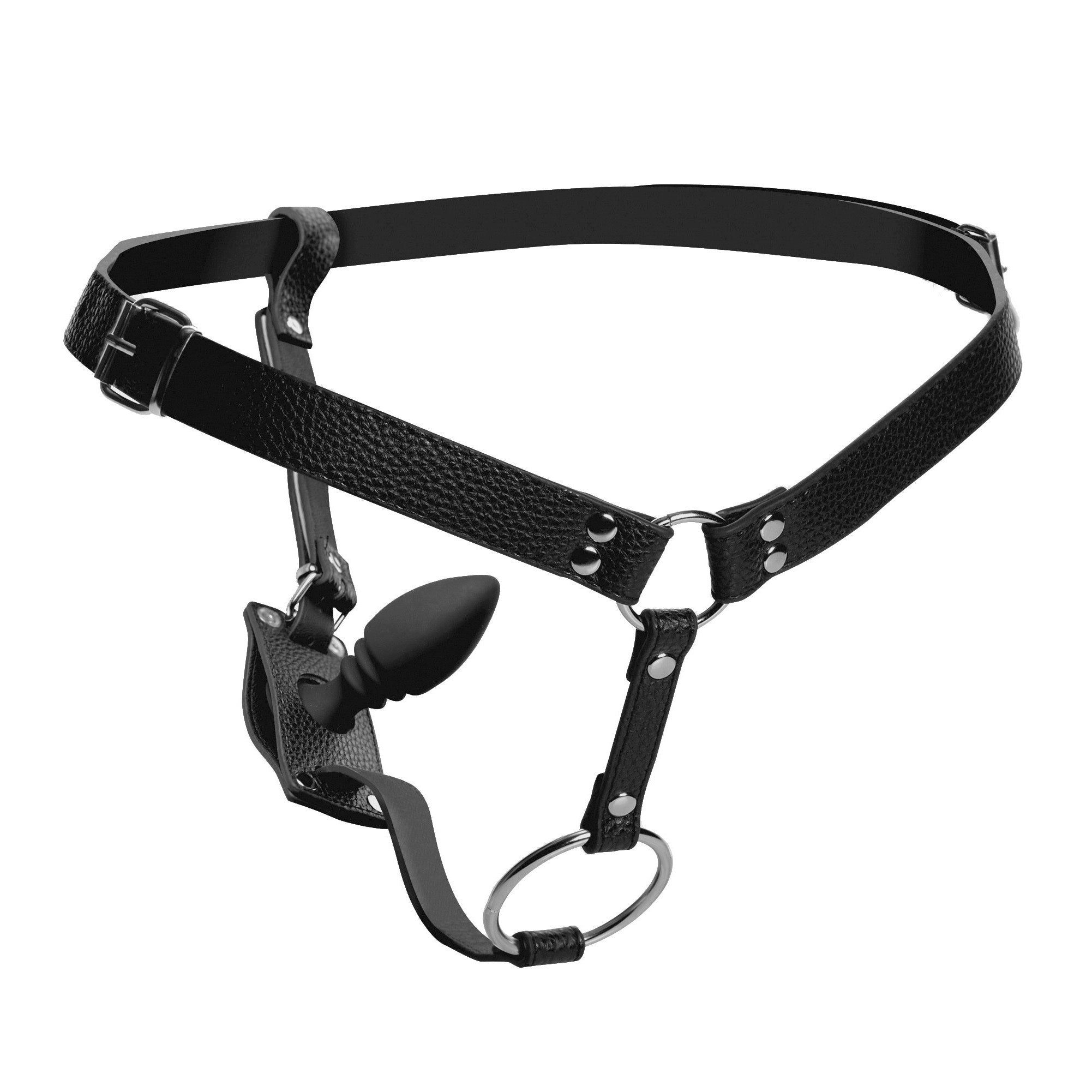 Male cock ring harness with attached silicone anal plug and metal details