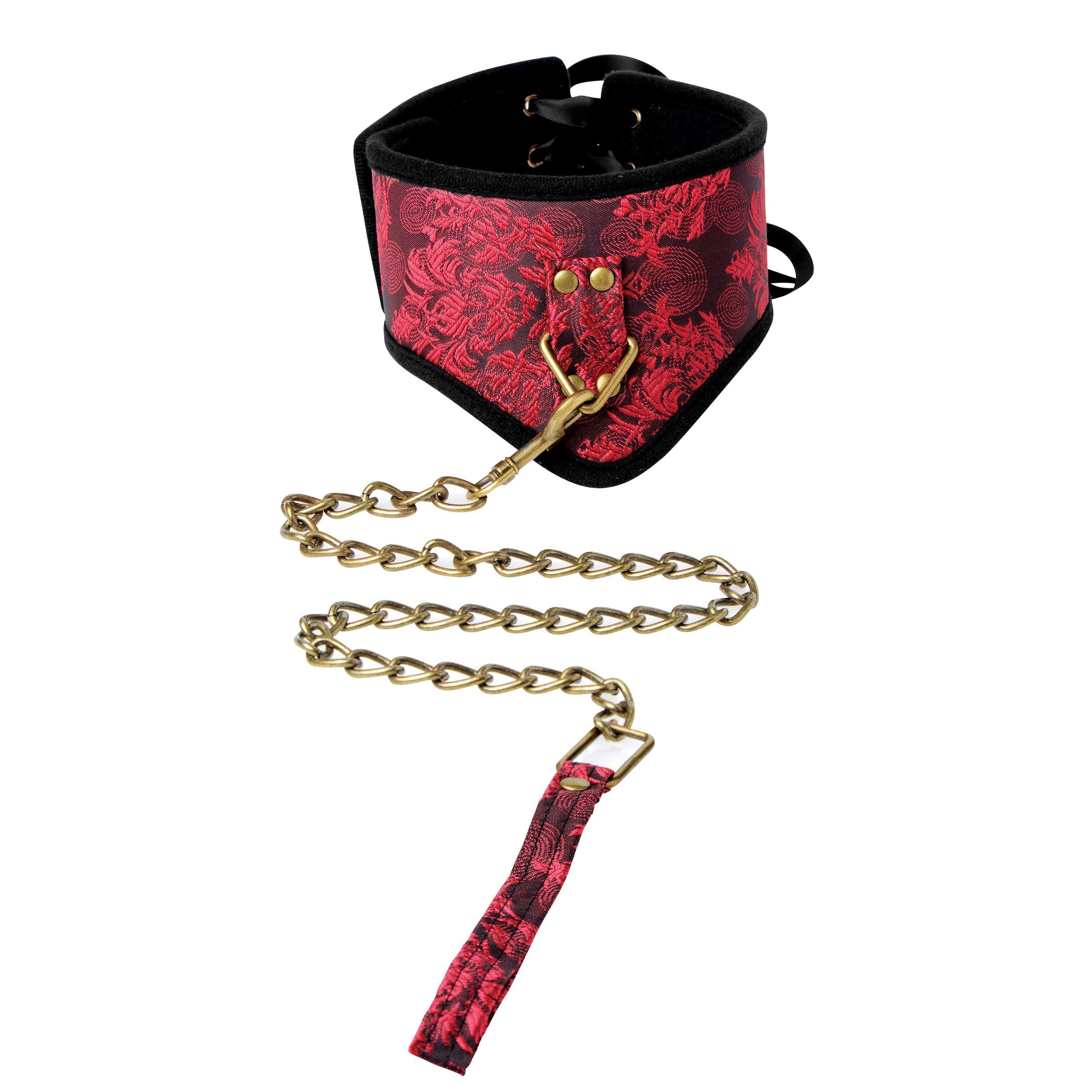 Detail of the Red Dragon Satin Bondage Set's leather collar and chain