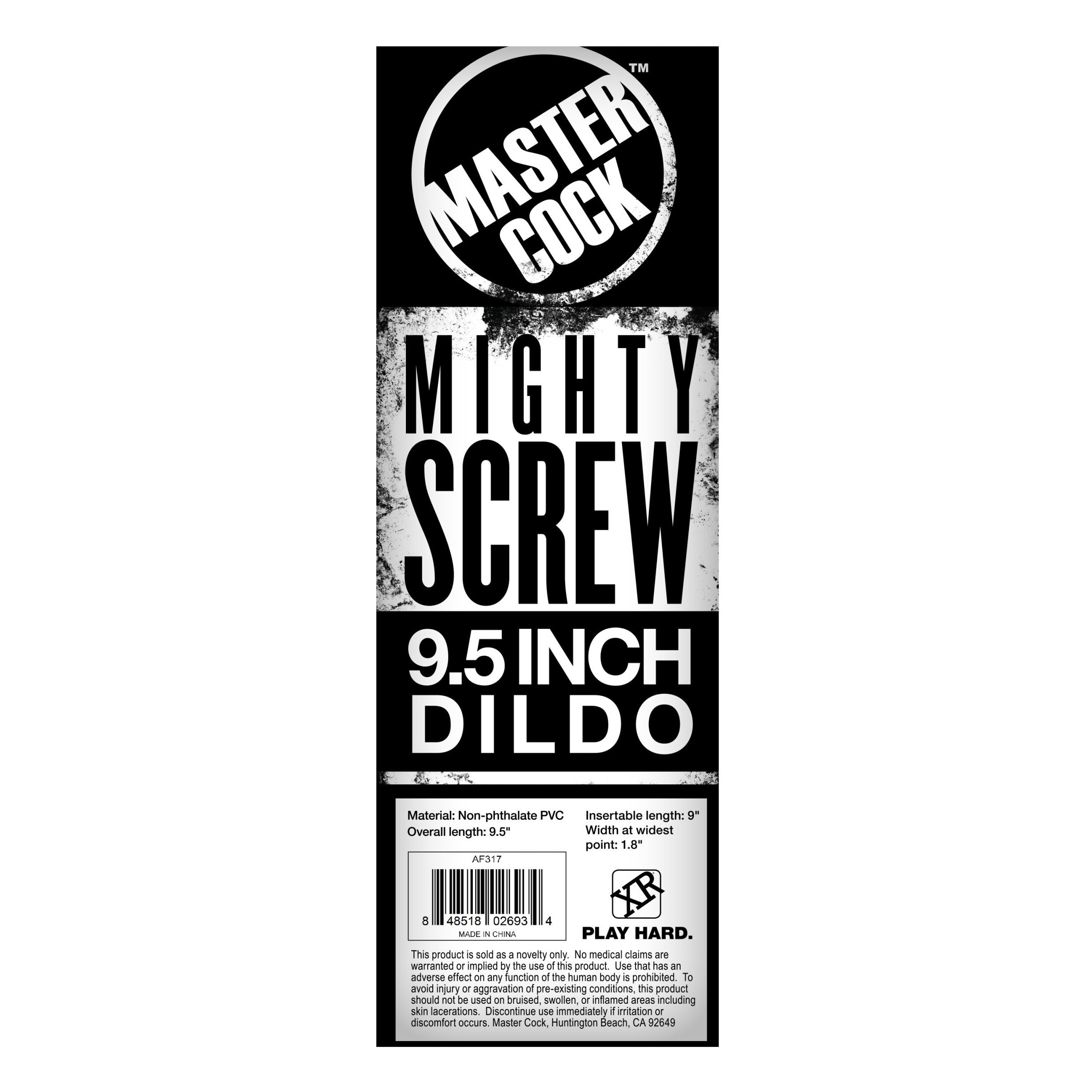 The packaging of the Mighty Screw 9.5 Inch Dildo with product details