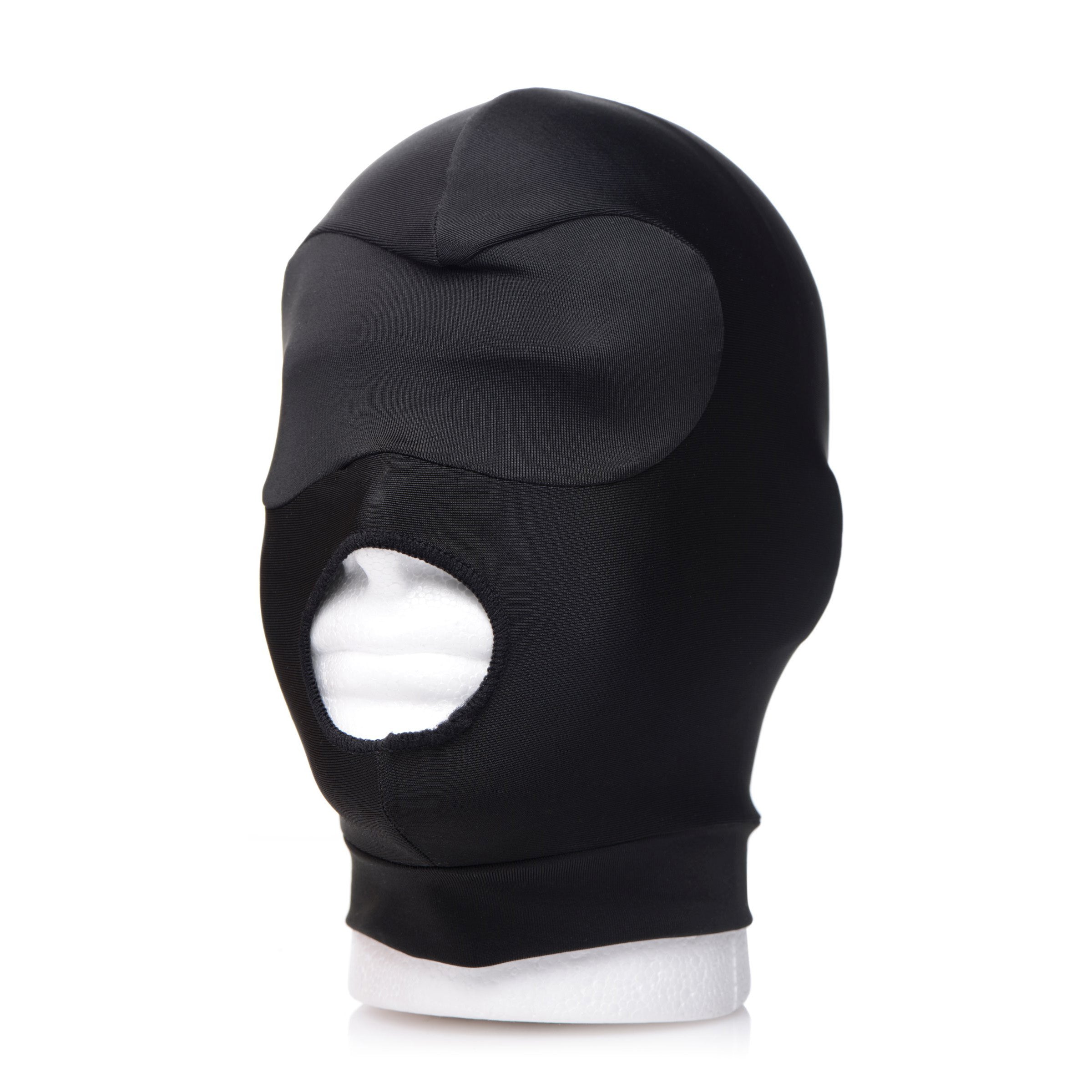 Close-up of the black hooded mask included in the Mistress Femdom Pegging Kit