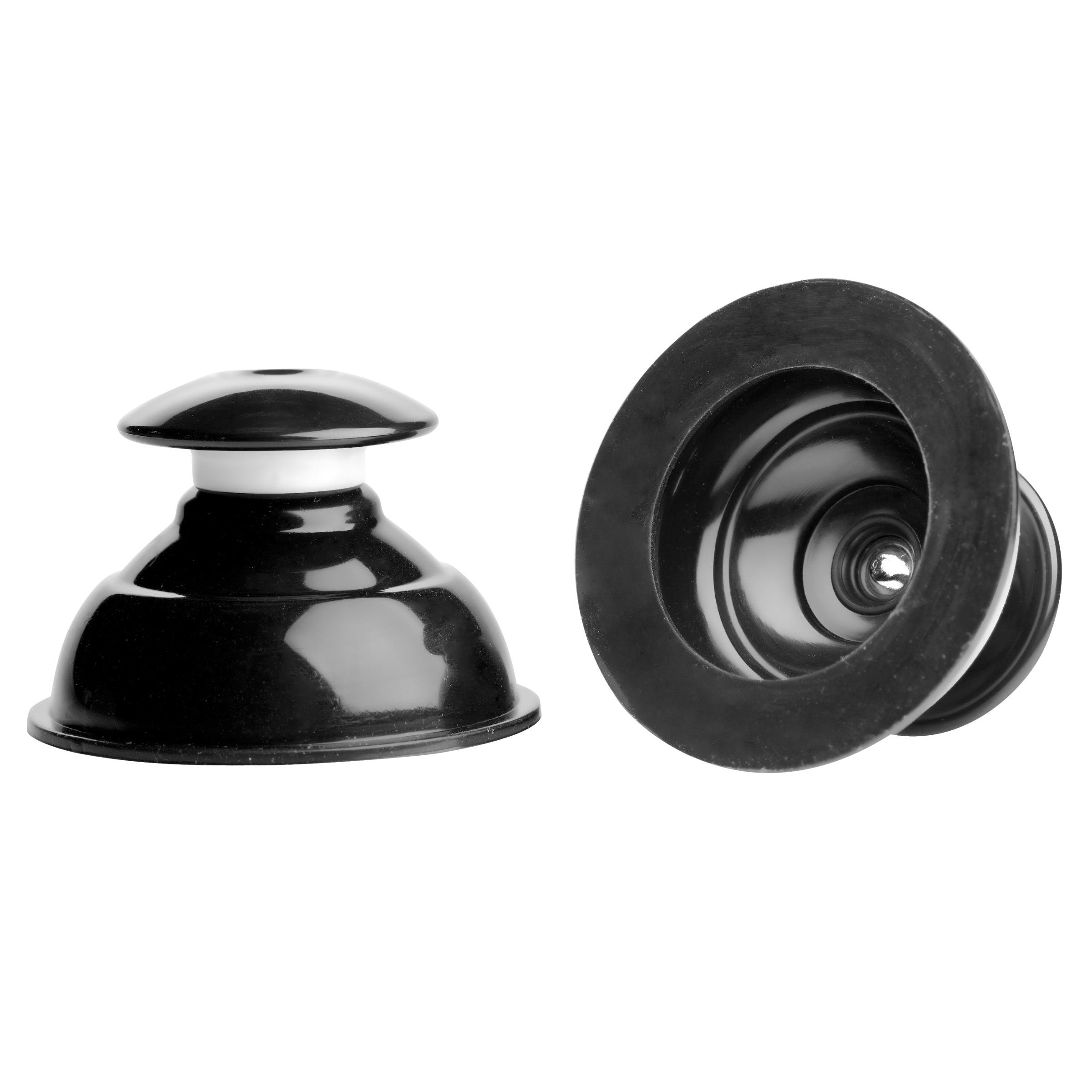 Pair of black silicone nipple suckers by Plungers on a white background