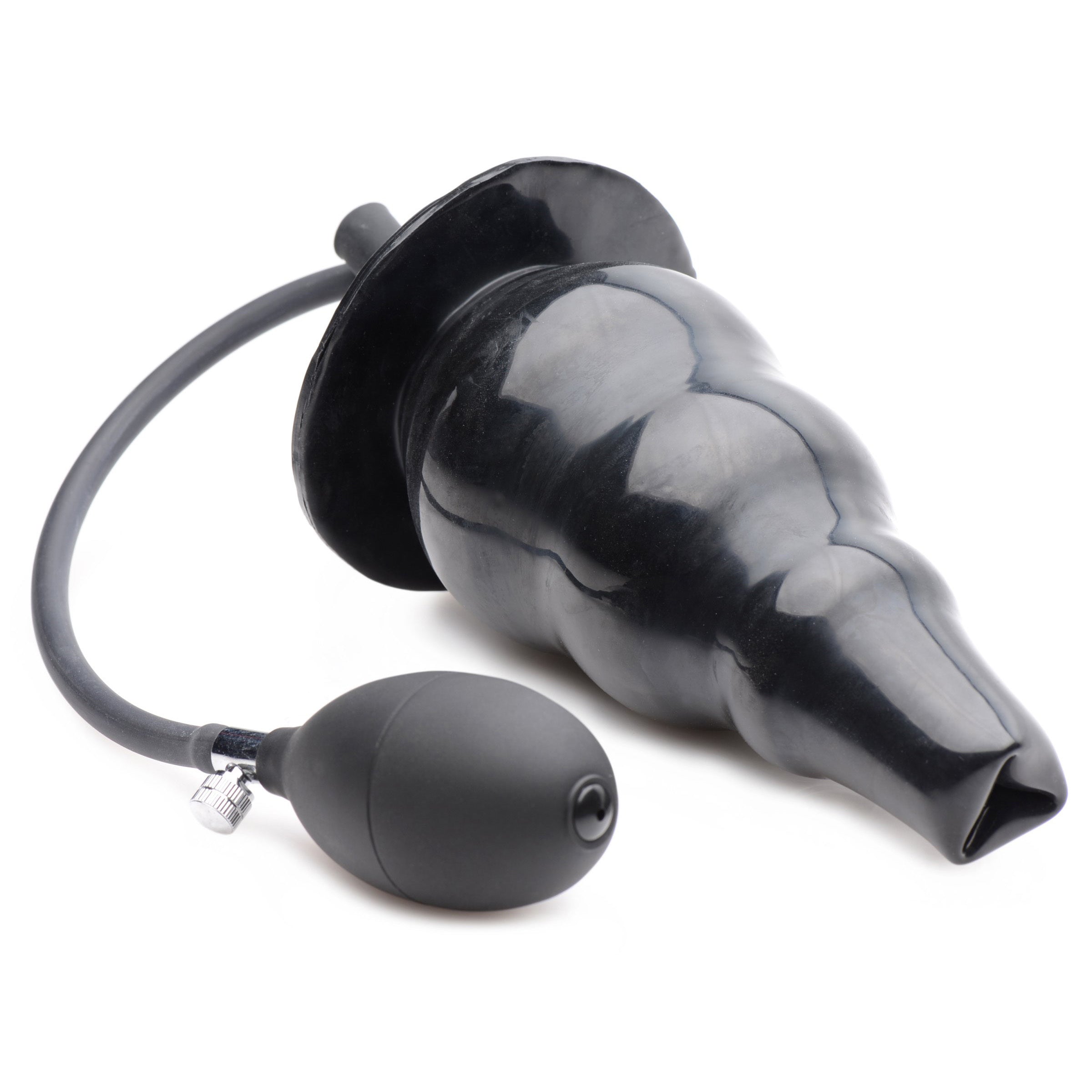 Inflatable butt plug with a black and white inflation bulb