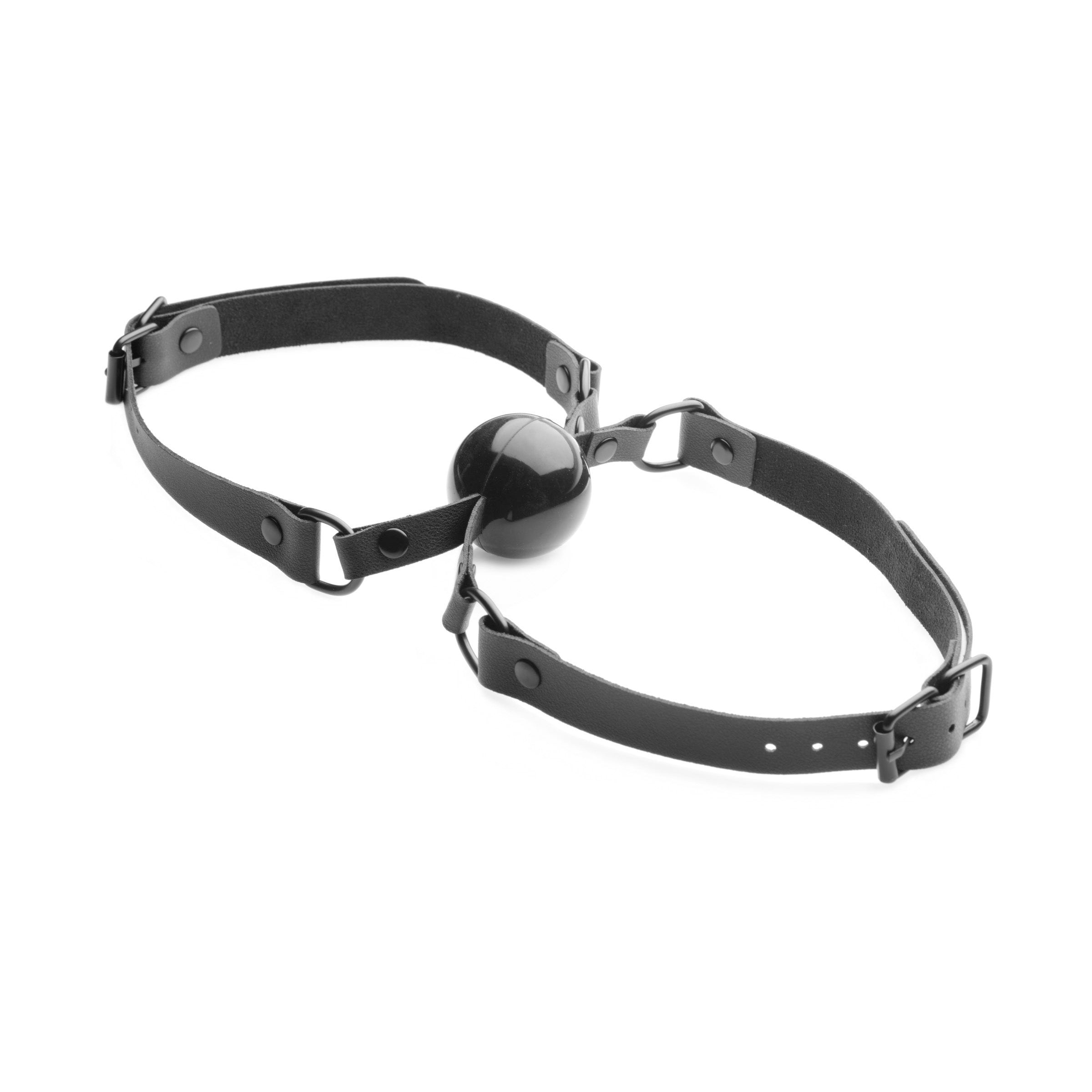 Black silicone ball gag with leather strap details