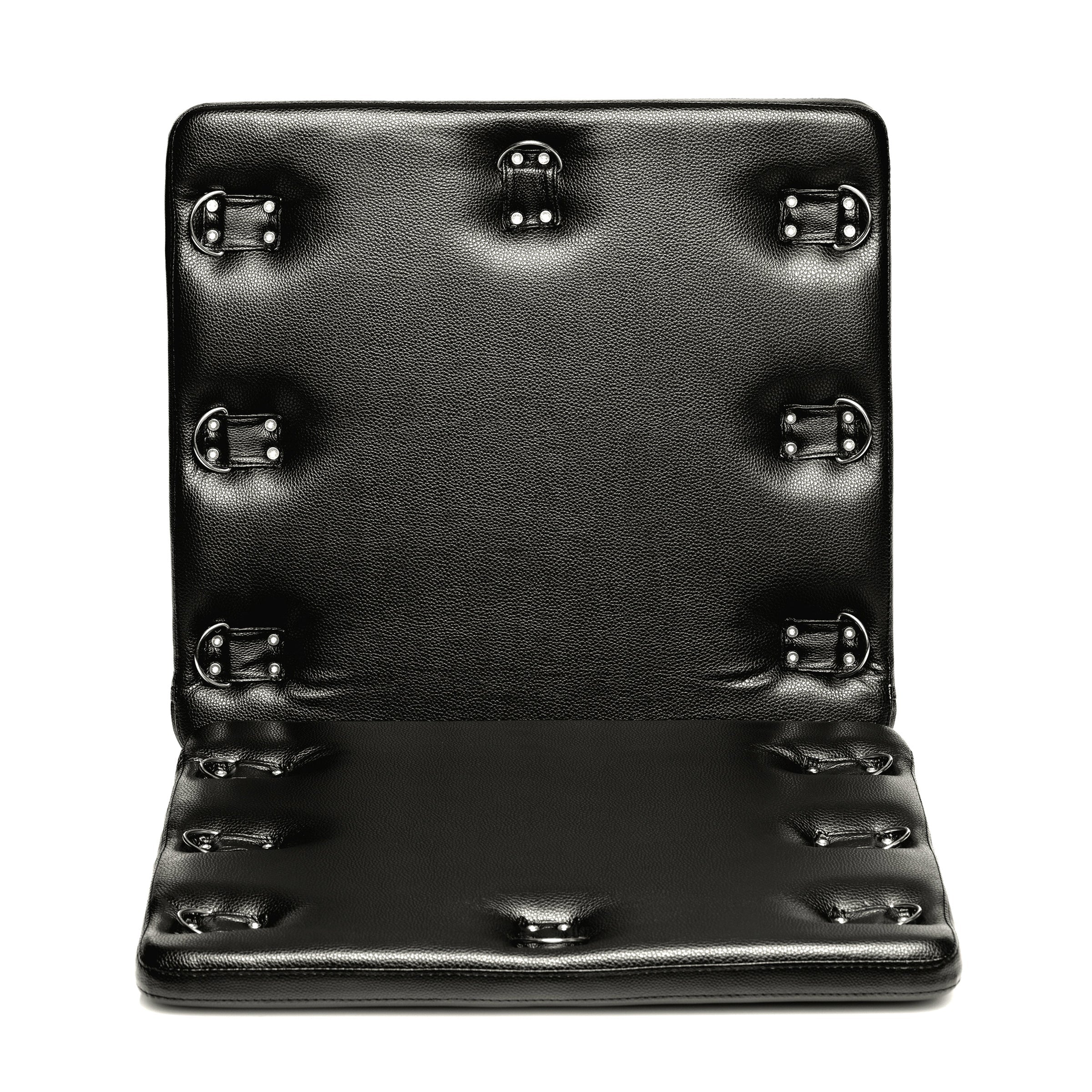 Black leather bondage board equipped with metal buckles for secure restraint