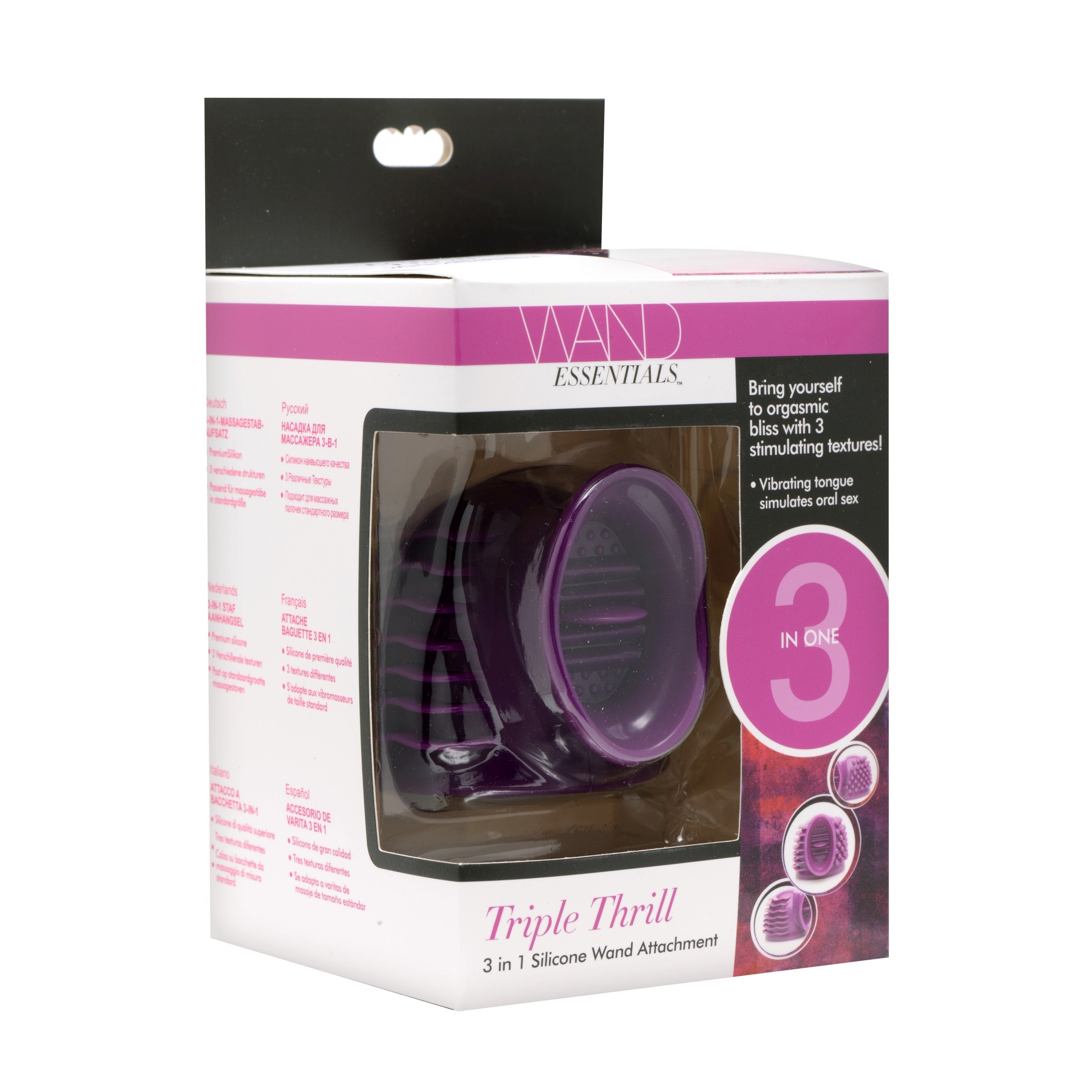 Packaging of the Triple Thrill 3 in 1 Silicone Wand Attachment in purple