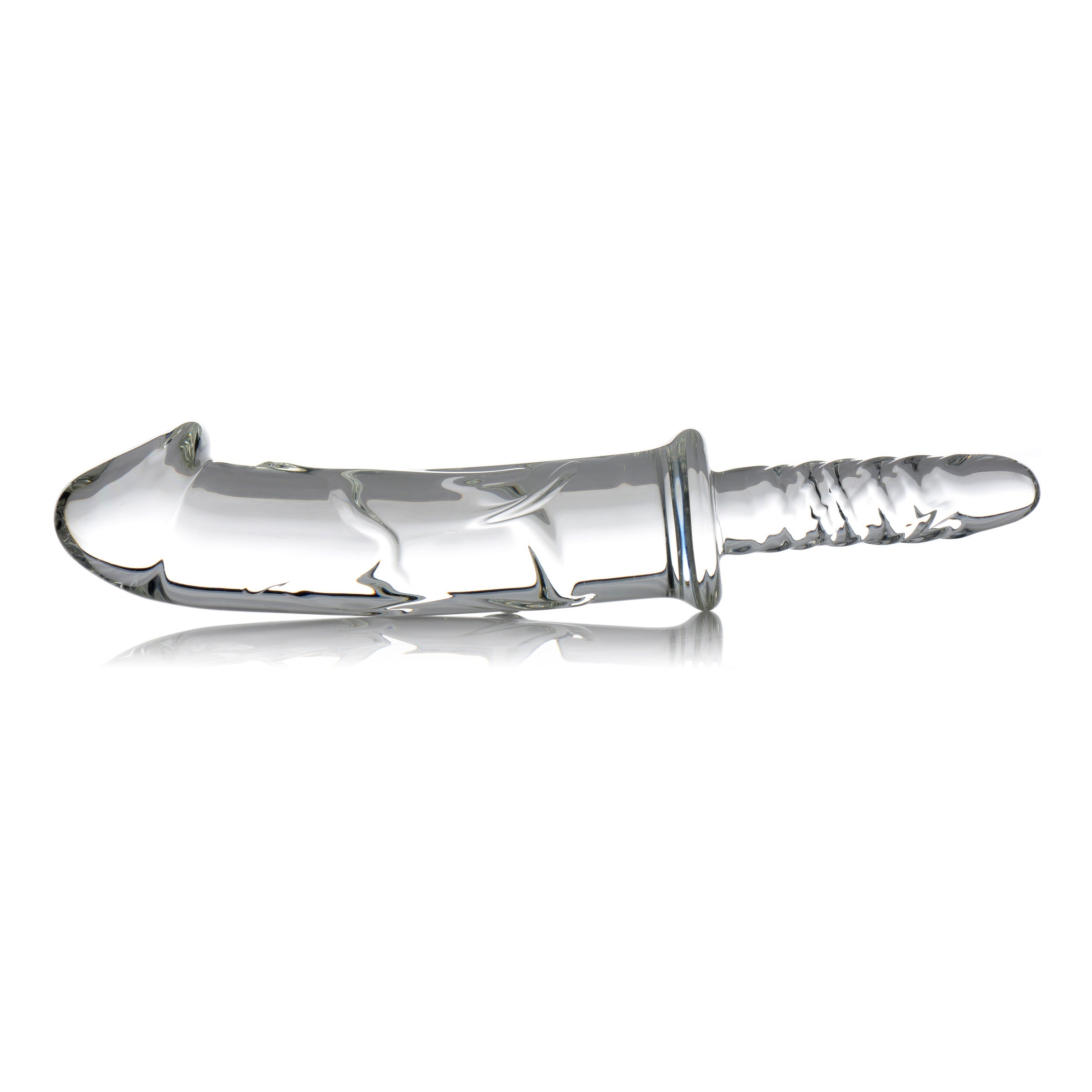 A clear glass adult toy with a phallic shape and handle on a white background