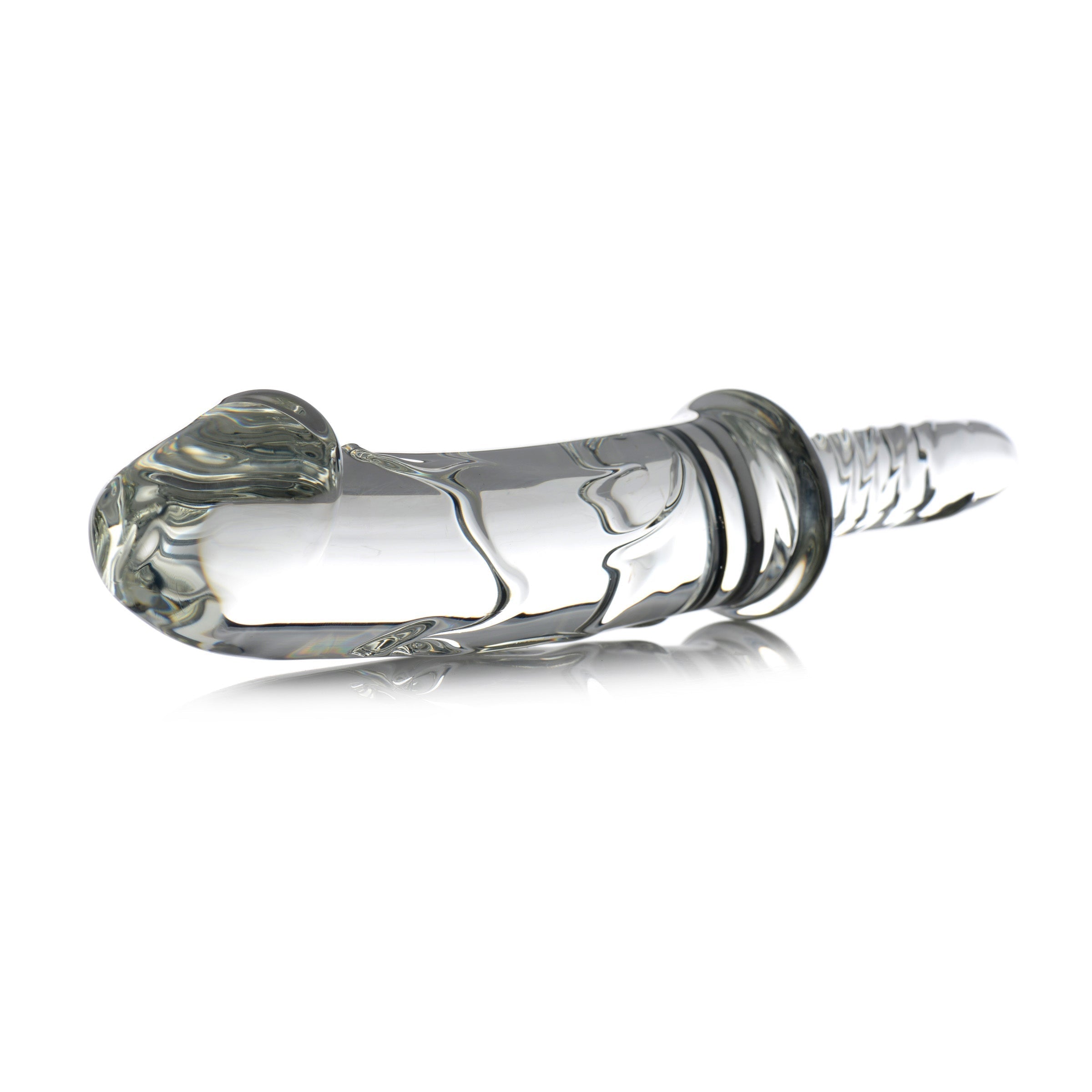 The Battle Rammer Phallic Glass Thruster with a distinct clear structure on display