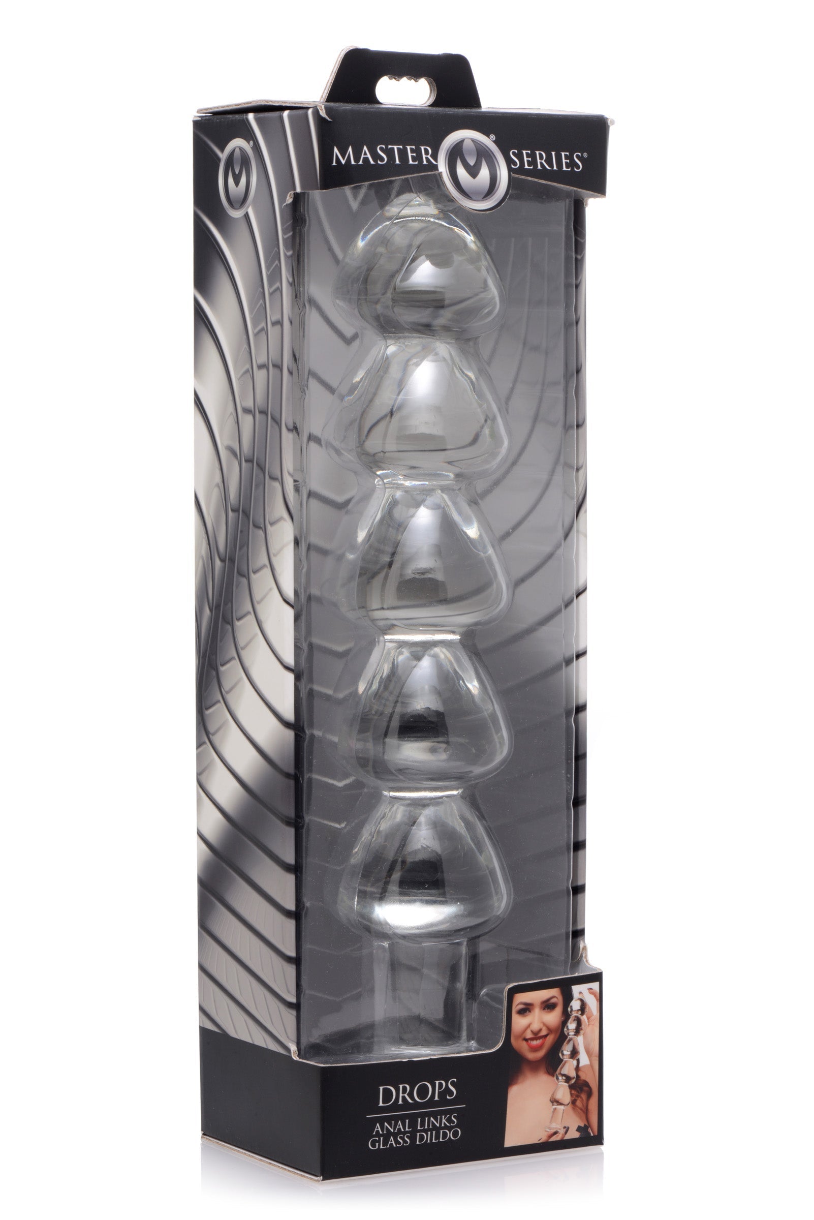 Packaging of the Drops Anal Link Glass Dildo with various sizes