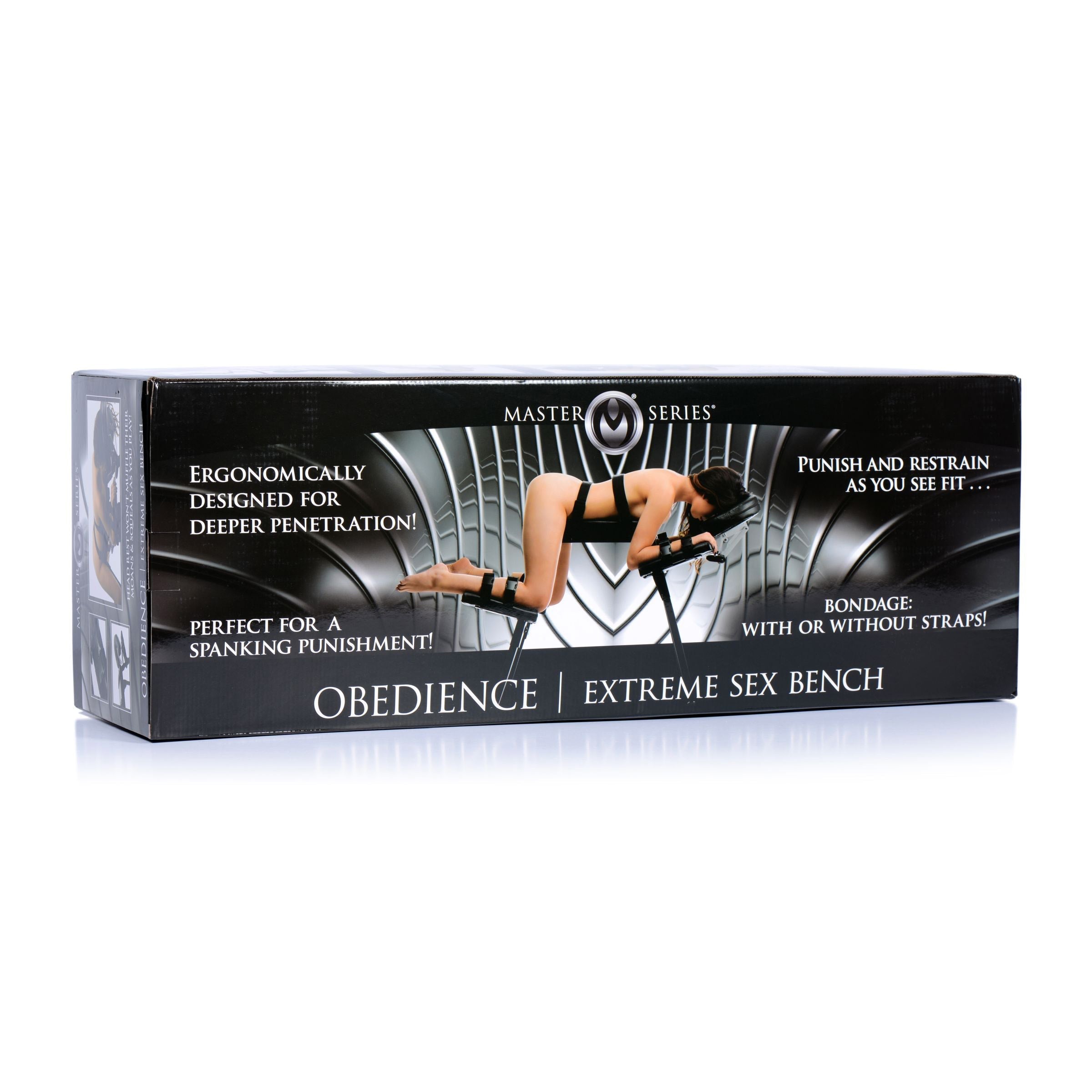 Box containing the Obedience Extreme Sex Bench with restraint straps isolated on white background