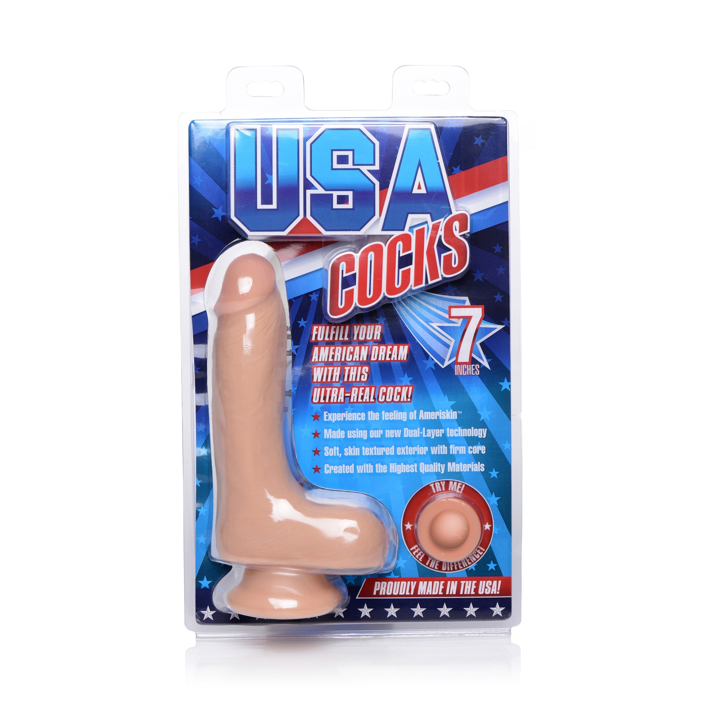 The 7-inch realistic dildo with suction cup packaged in a white box