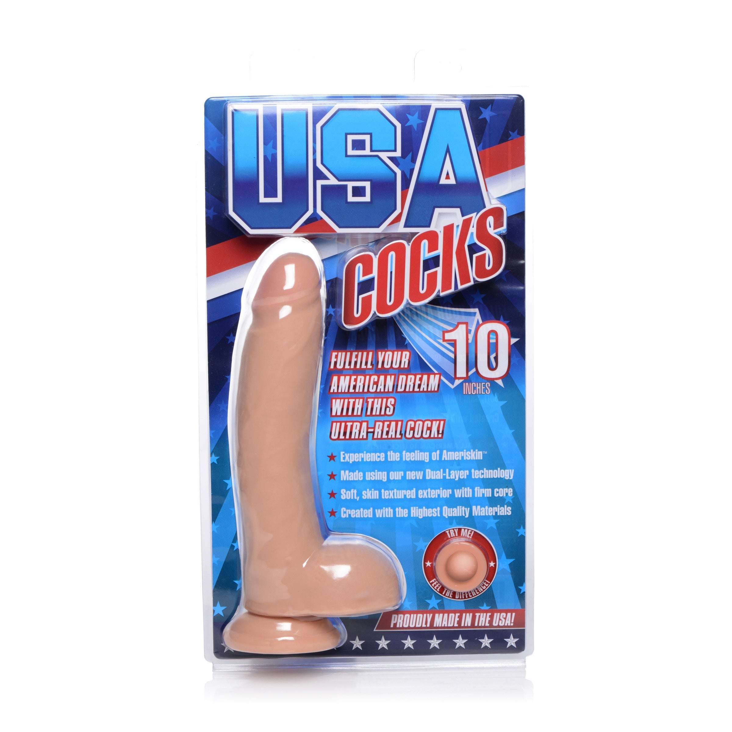 Packaging and branding image for the 10-inch realistic dildo with suction cup