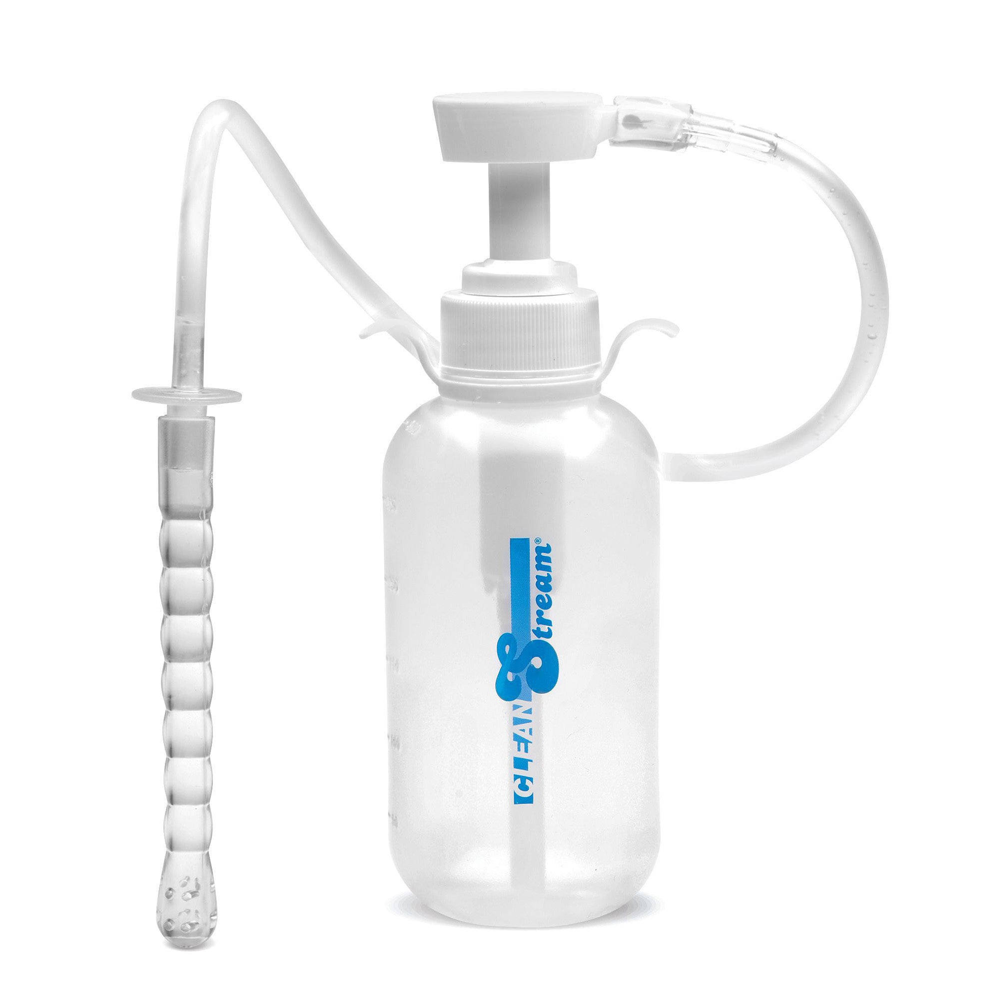 Enema bottle with pump action and attached nozzle