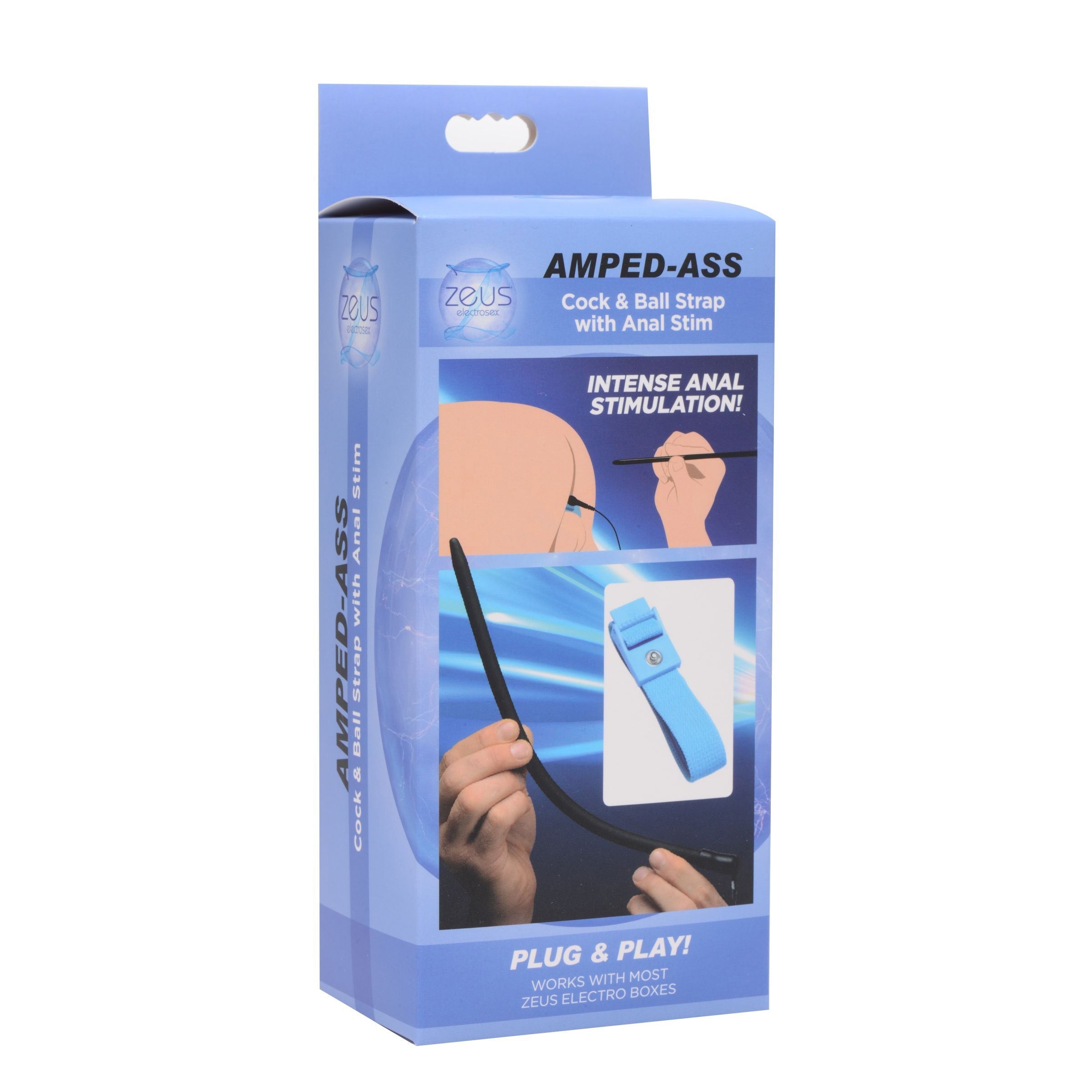 The Amped Ass Cock and Ball Strap with Anal Estim product packaging