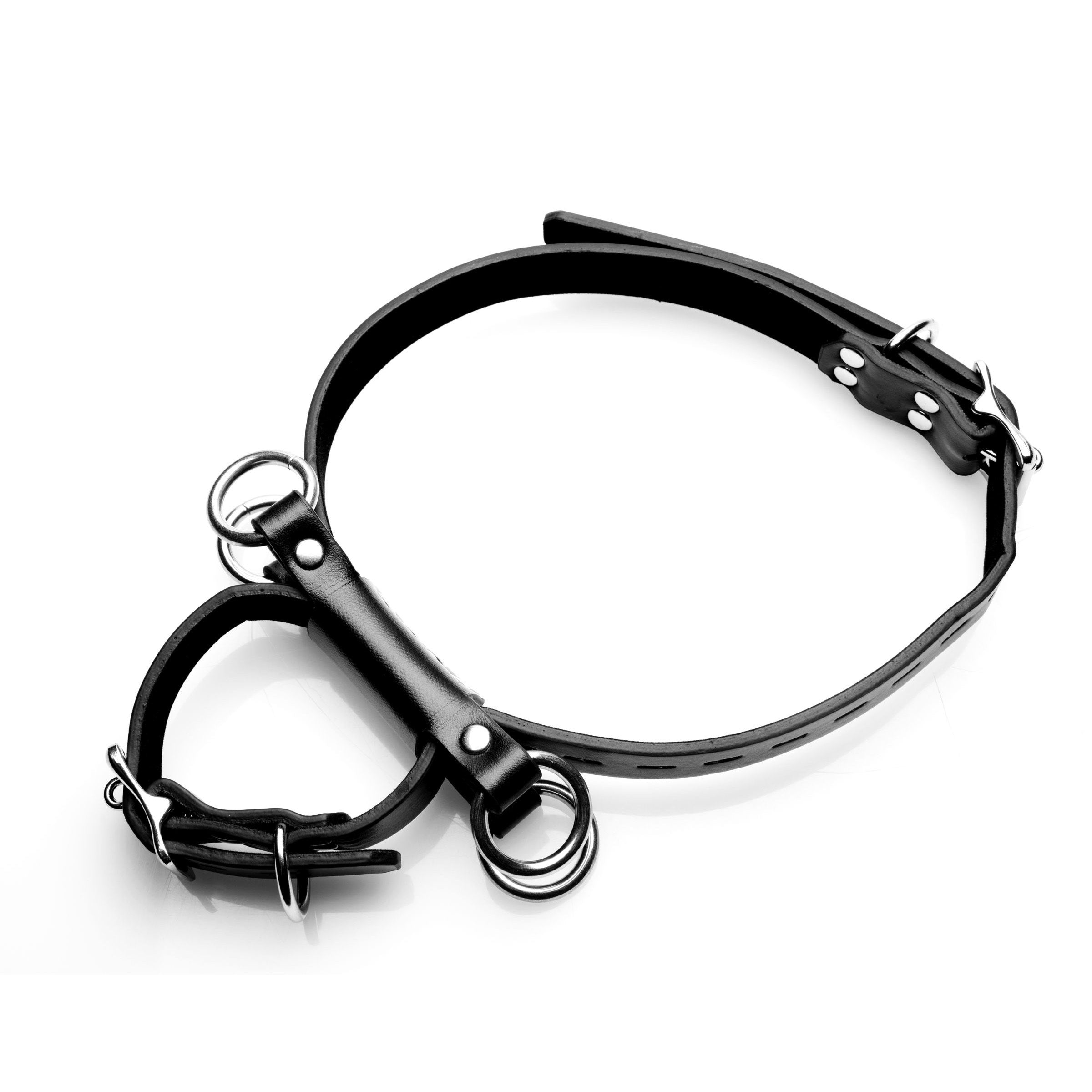 Black leather collar with metal rings from the 'Kneel Before Me Bondage Kit'