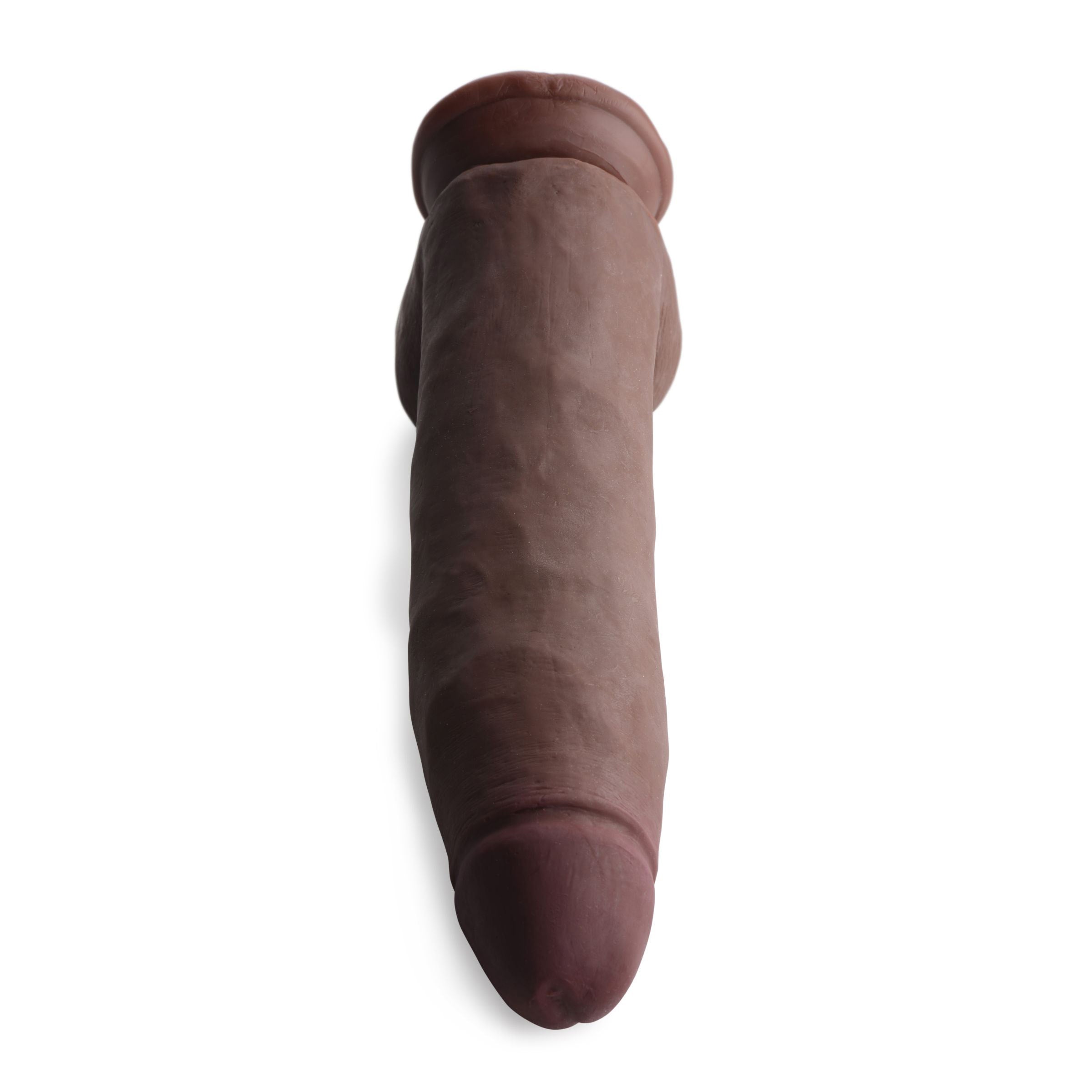 The 11-inch realistic Skintech dildo with a dark tone against a white backdrop