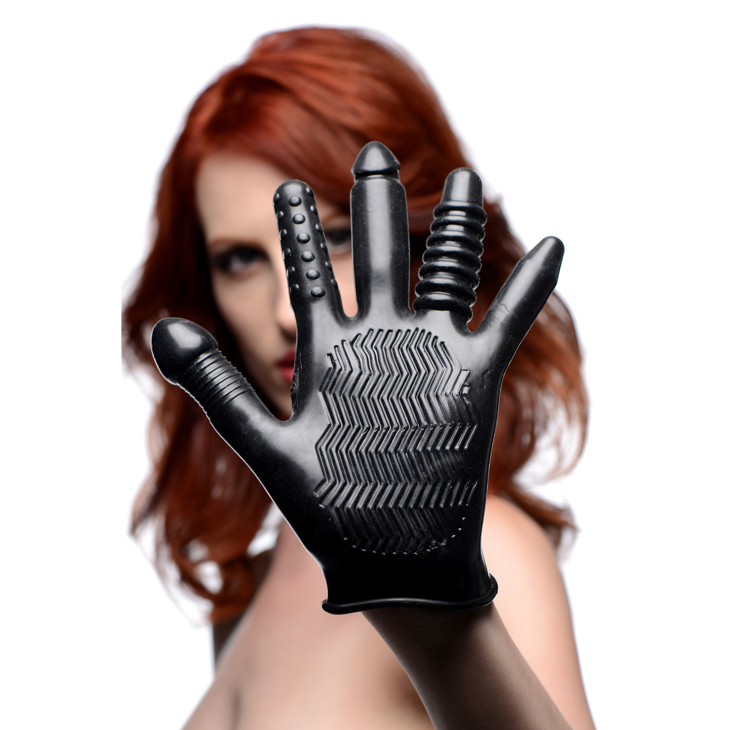 Person demonstrating the fit of the Pleasure Poker Textured Glove