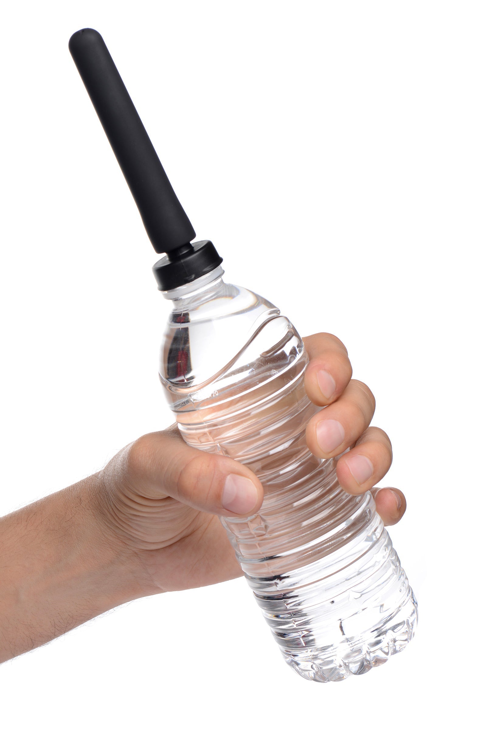 Close-up of a hand gripping the water bottle adapter for enema