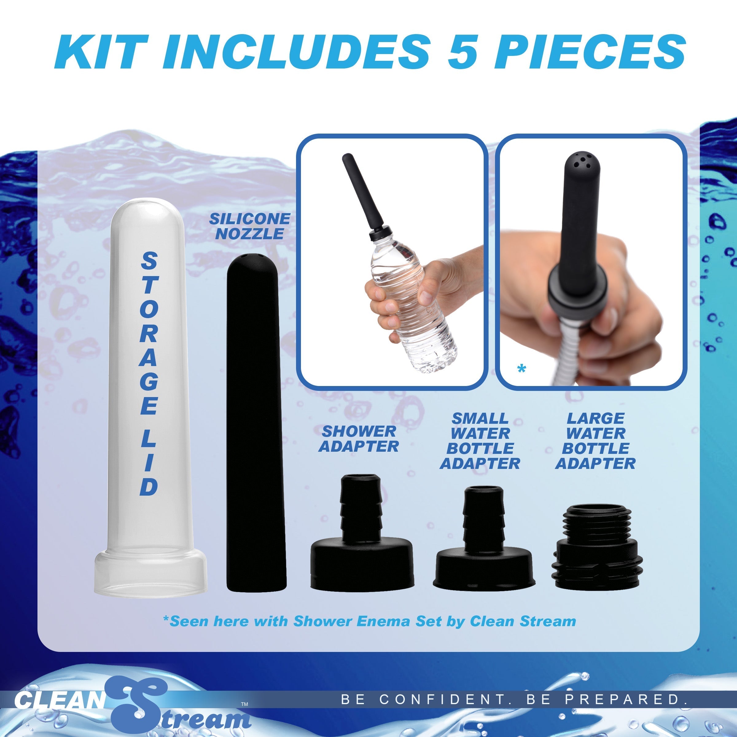 Complete travel enema kit with water bottle and five attachments