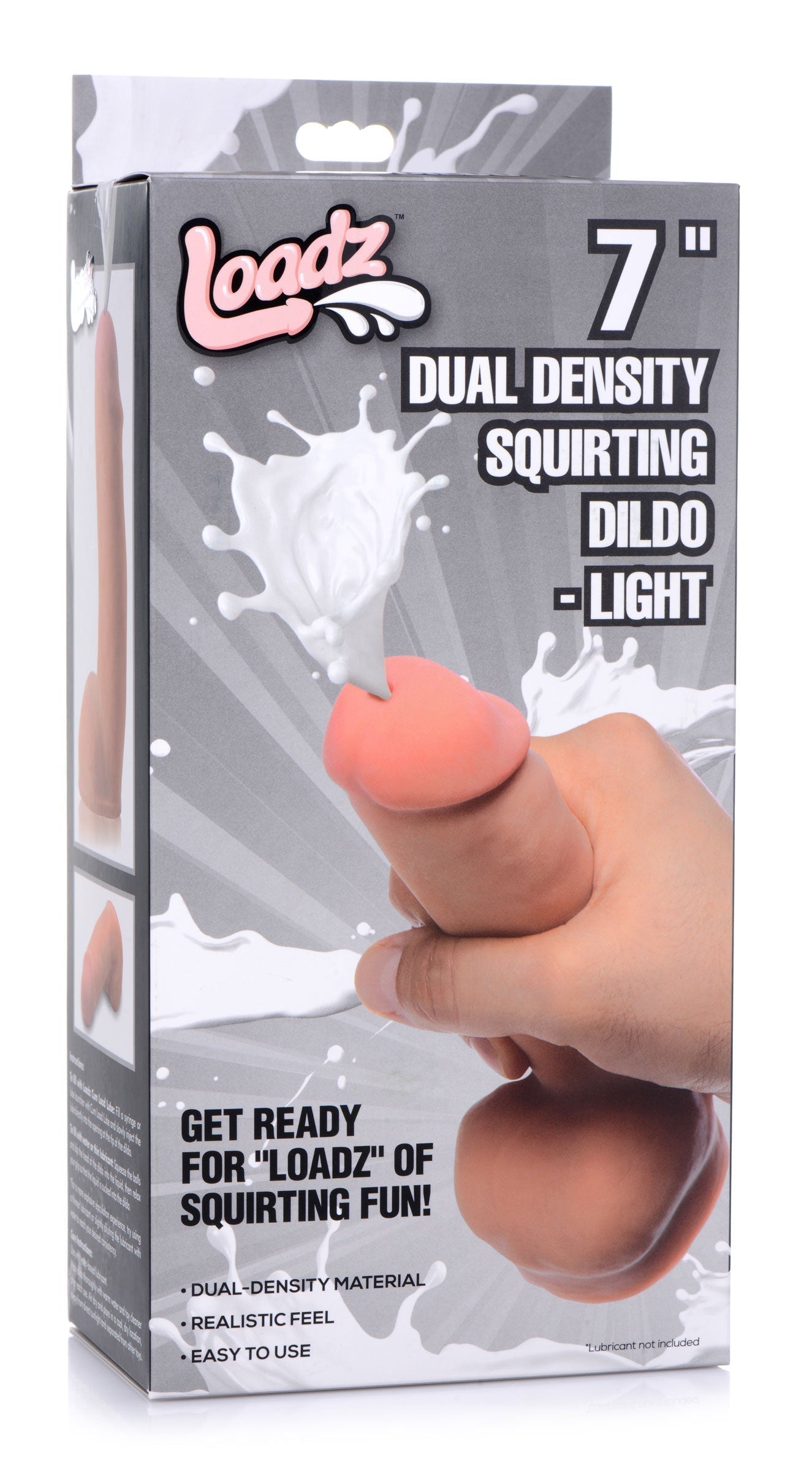 Packaging of the Dual Density Squirting Dildo showcased on a light background