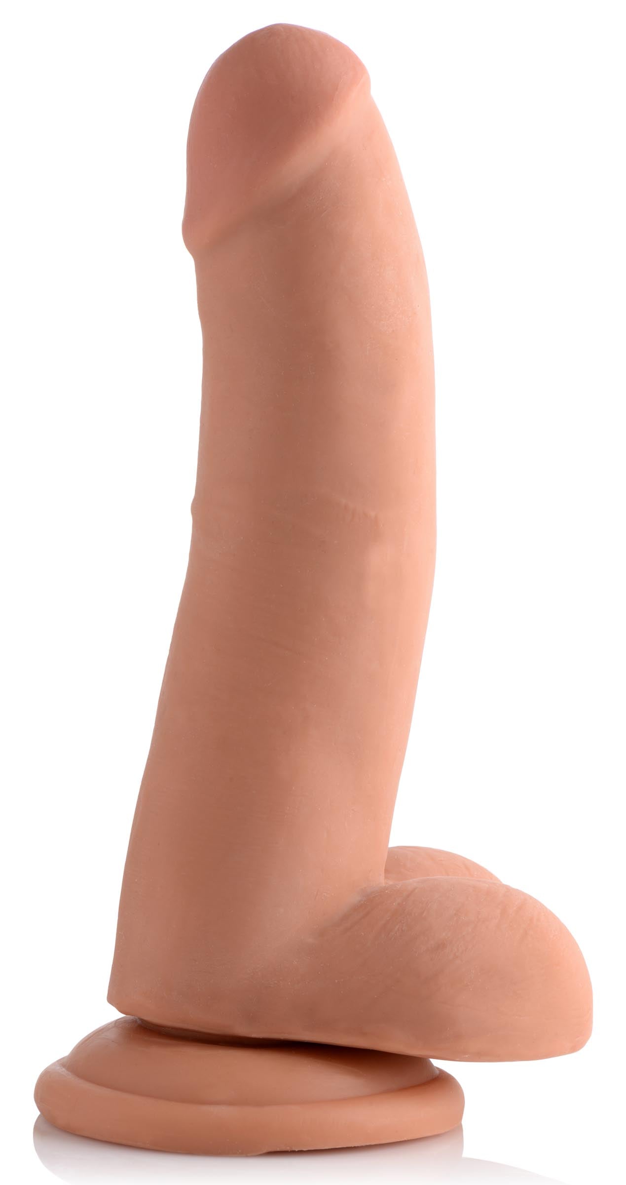 An 8-inch realistic dual-layer dildo with a suction cup on a white surface