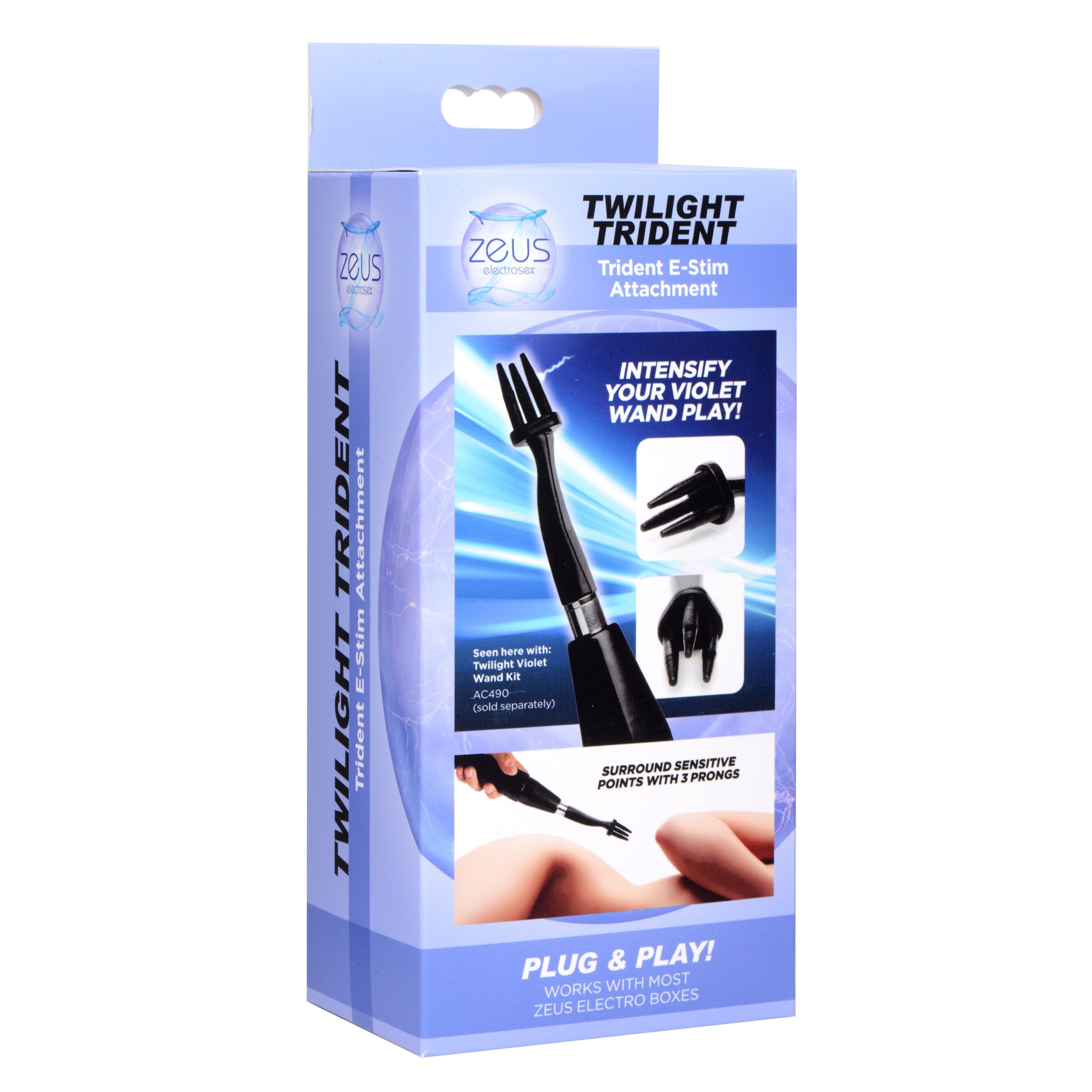 The packaging of the Extreme Twilight Trident Estim Attachment featuring black and white design