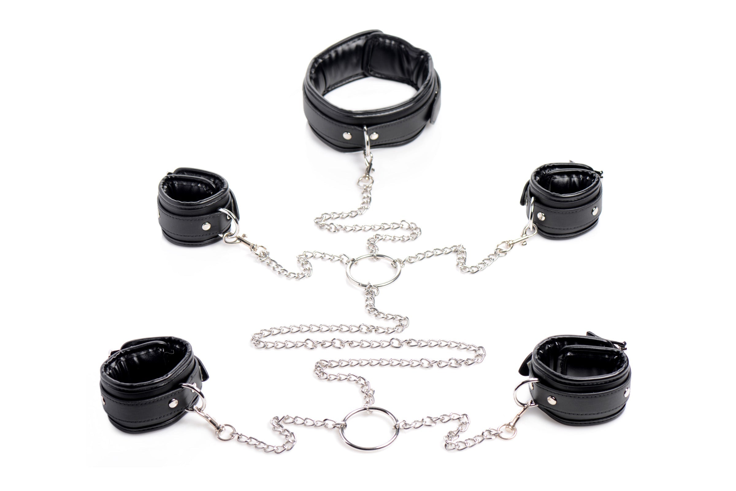 Black leather wrist restraints with connecting chains from a bondage set