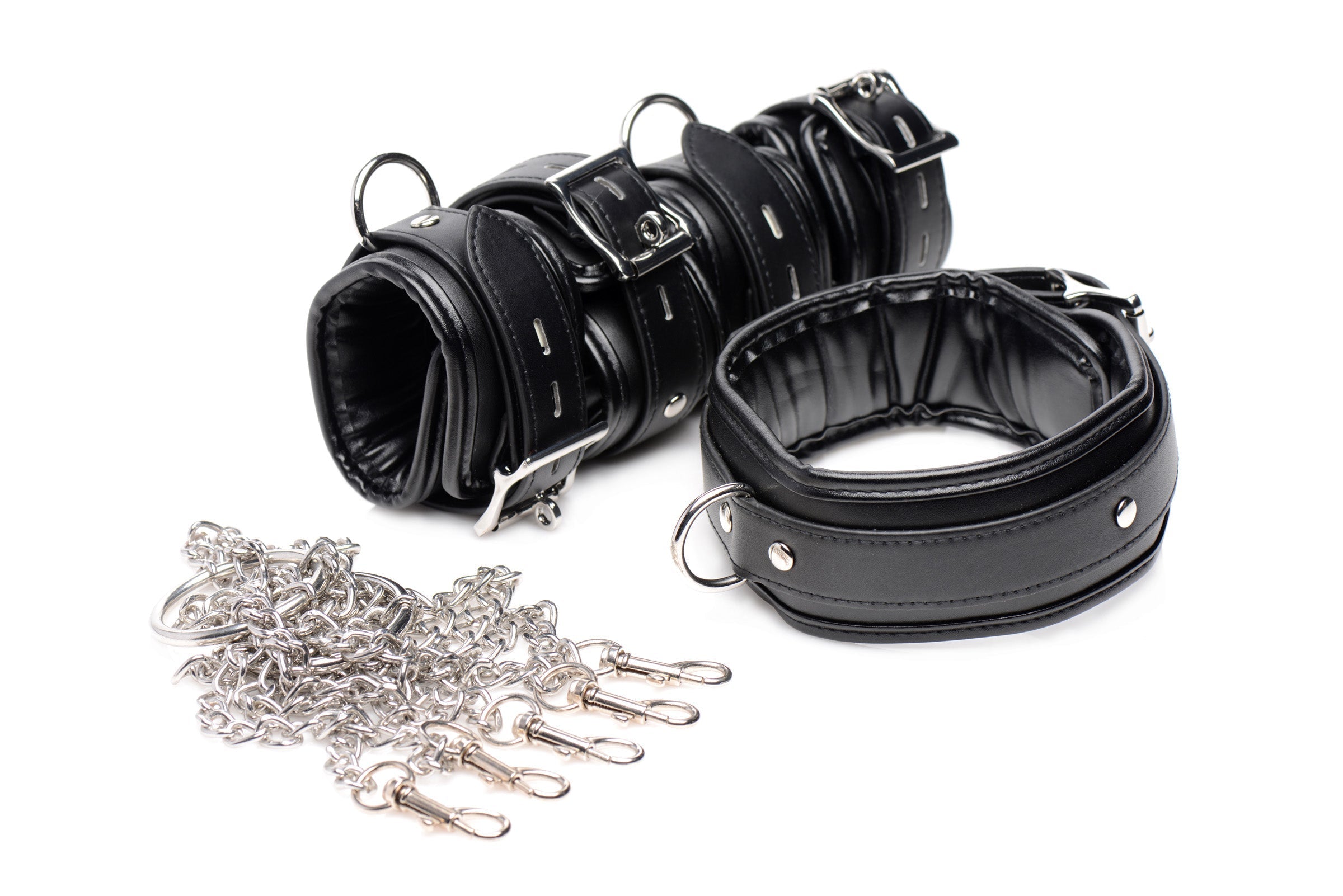 A pair of black leather wrist restraints with chain links for bondage activities