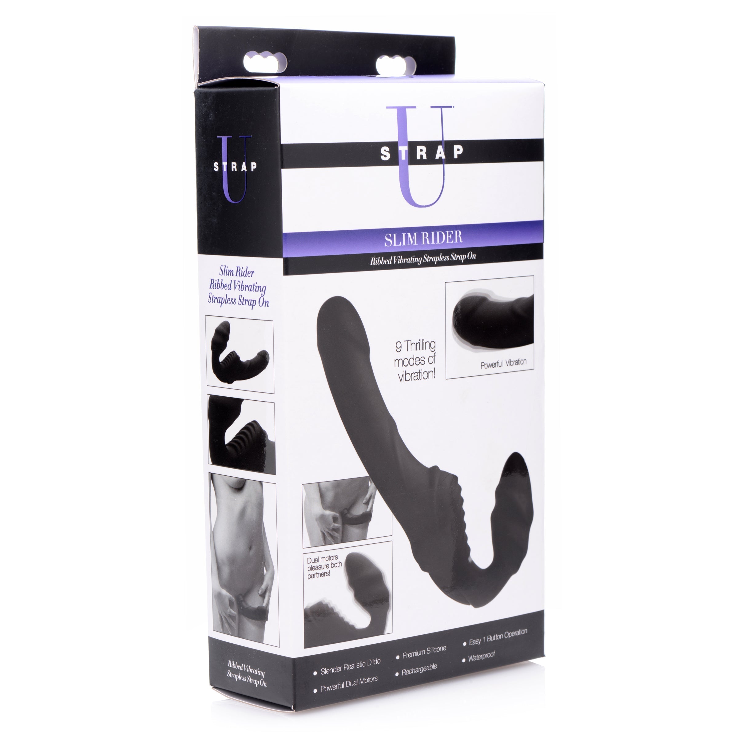 Packaging of the Slim Rider Ribbed Vibrating Silicone Strapless Strap On