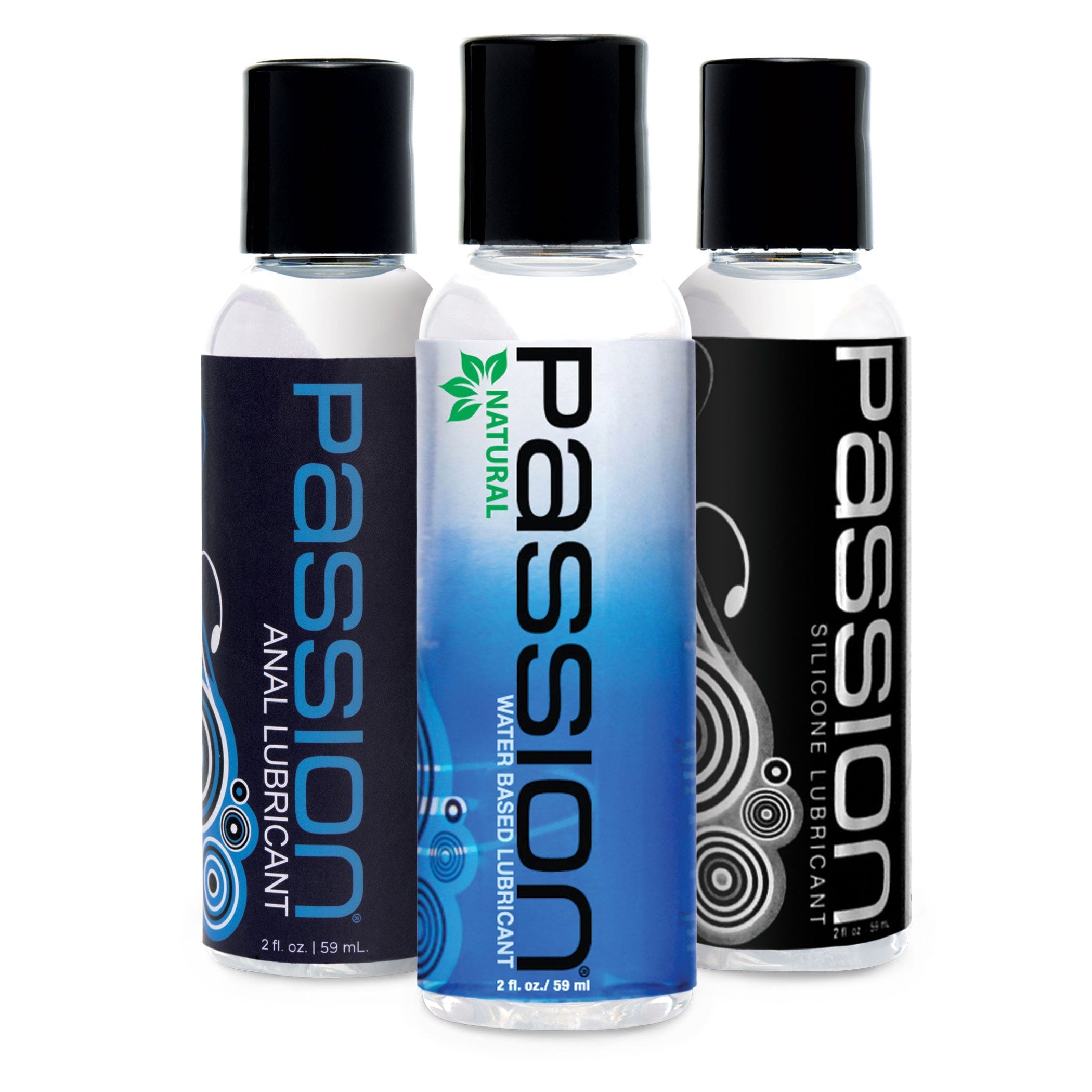 Trio of Passion Lubricant bottles showcasing diverse options