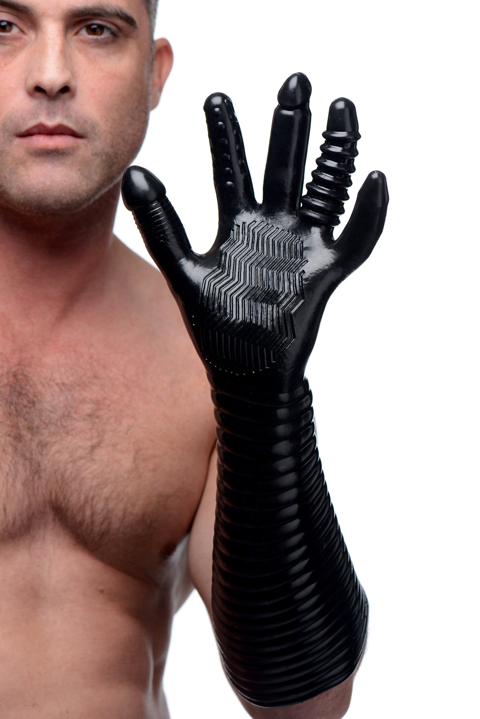 Model wearing the Pleasure Fister Textured Fisting Glove