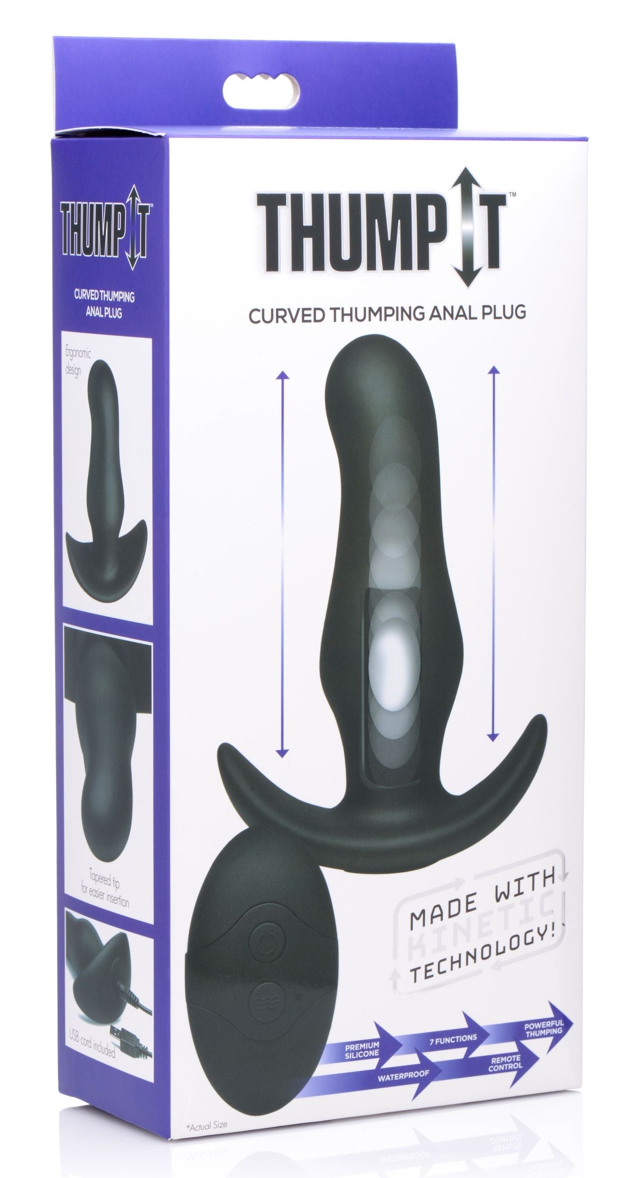 Packaging of the Kinetic Thumping 7x Prostate Anal Plug with product information