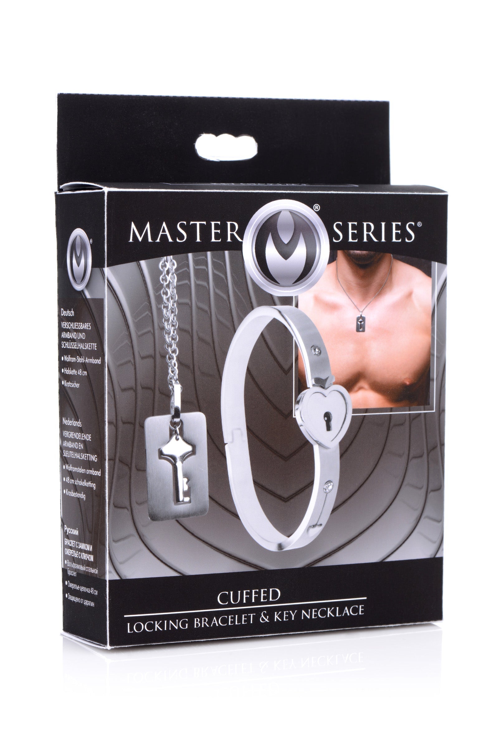 Product display of the Master Series cuffed locking bracelet and key necklace set