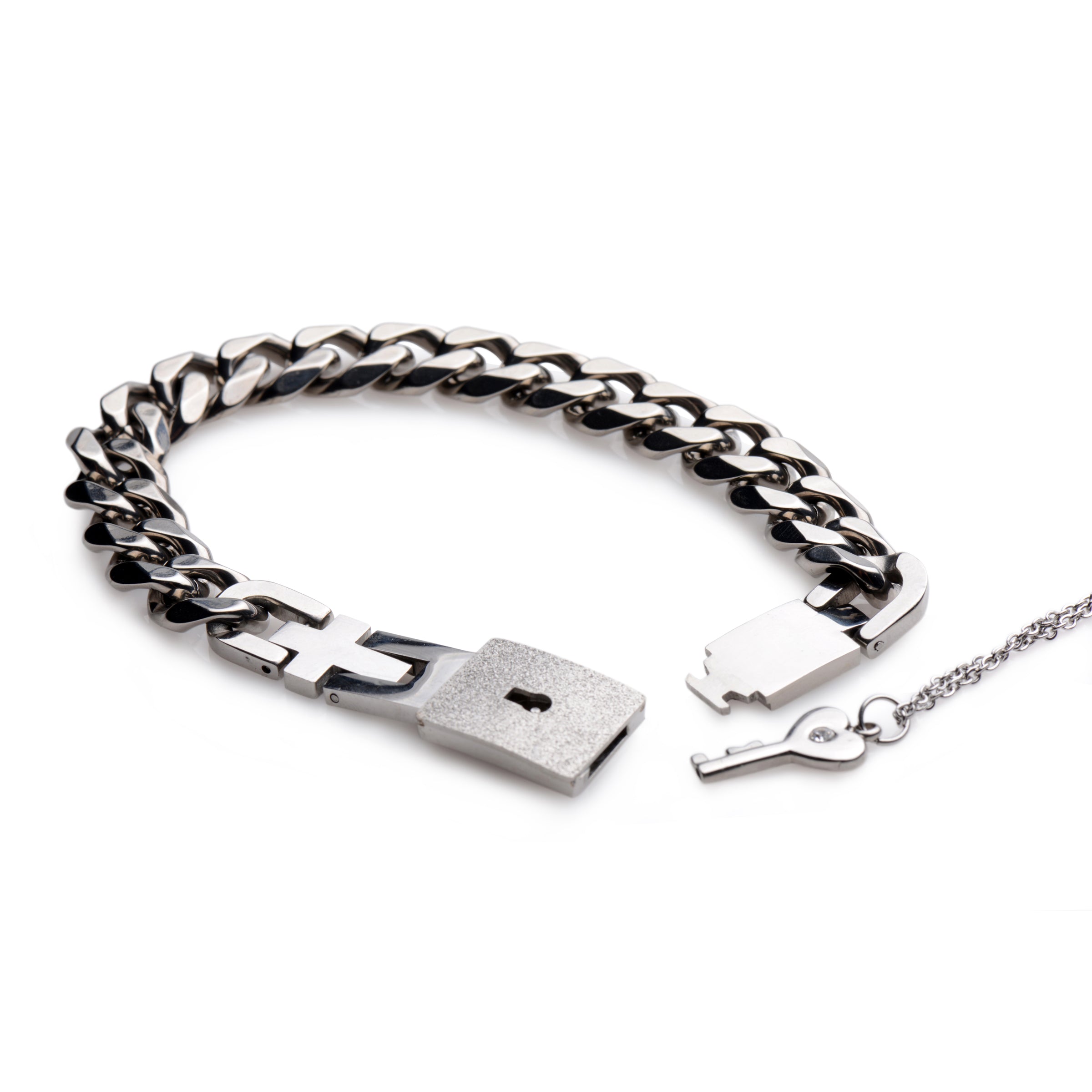 Silver bracelet featuring a lock and key design